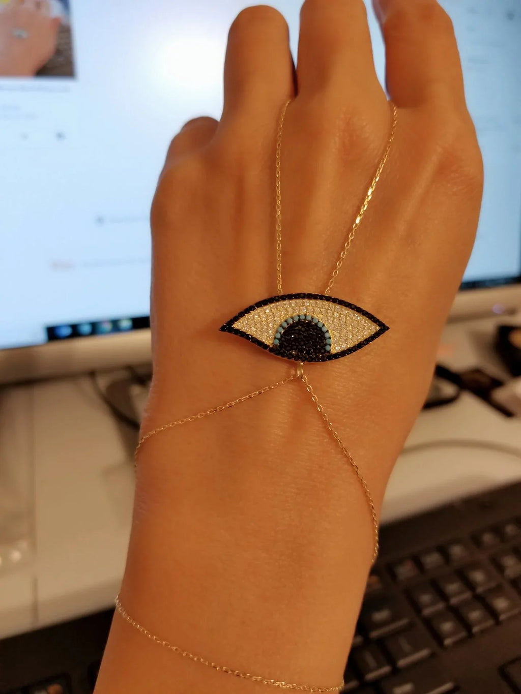 Gold Zirconia Ra Evil Eye Lucky Charm Bracelet Hand Chain 925 Sterling Silver