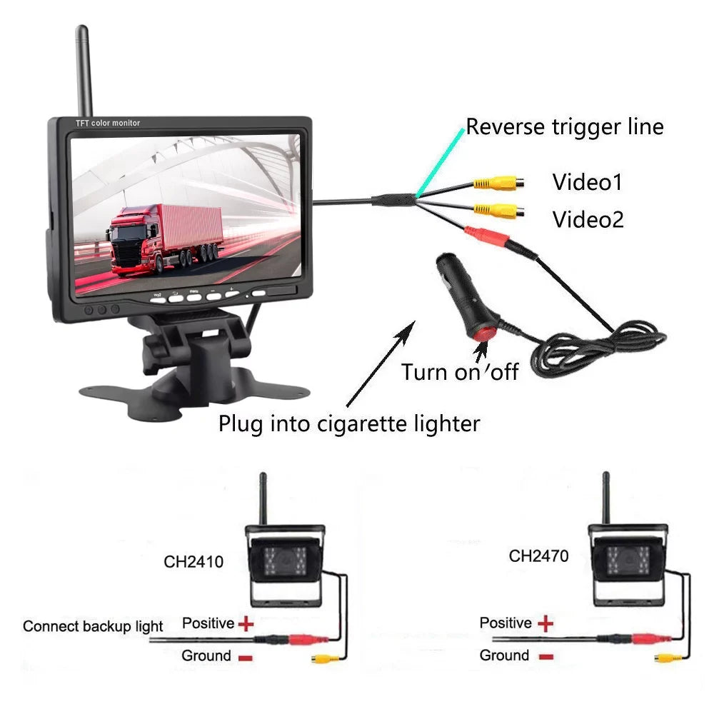 Podofo Wireless Vehicle Truck 2 Backup Parking Assistance System, Ir Night Vision Waterproof Rear View Camera + 7" Monitor for RV Truck Trailer Bus