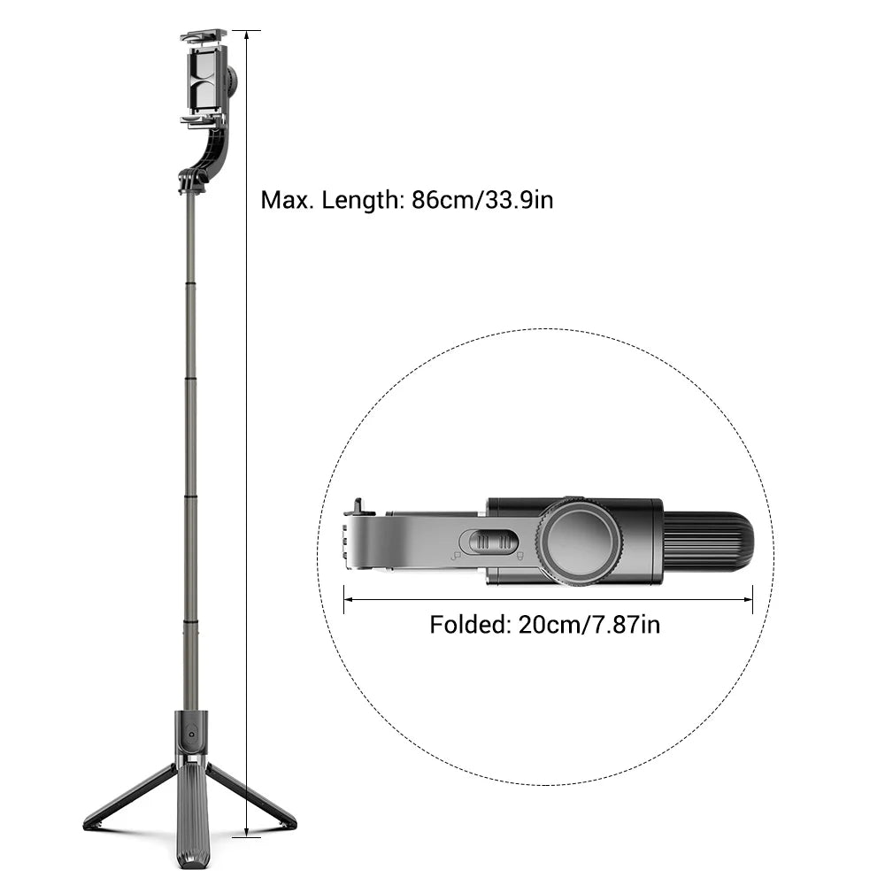 3 in 1 Phone Gimbal Stabilizer Selfie Stick Tripod 86cm 5-Section with Remote Shutter Phone Clamp Smart Rotatable Fitting with Smartphones
