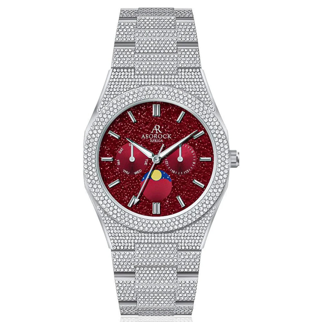 Asorock Watches | Yellow Gold/Red | Iced transporter - Small diamond bezel - Fully iced strap | 44mm CZ diamond watch