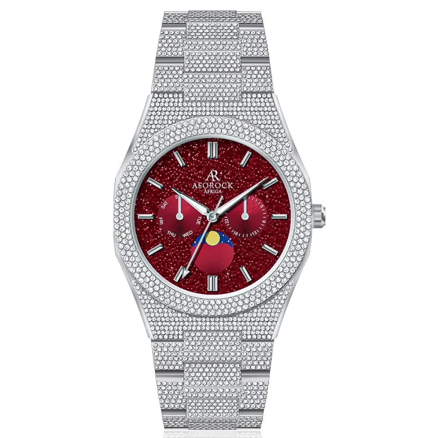 Asorock Watches | Yellow Gold/Red | Iced transporter - Small diamond bezel - Fully iced strap | 44mm CZ diamond watch
