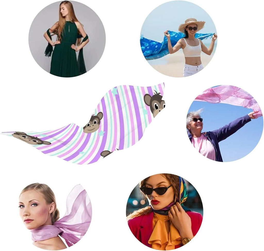 Hyjoy Monkey Faces On Stripe Long Silk Neck Scarf Lightweight Shawl Wrap Scarves for Women Girls