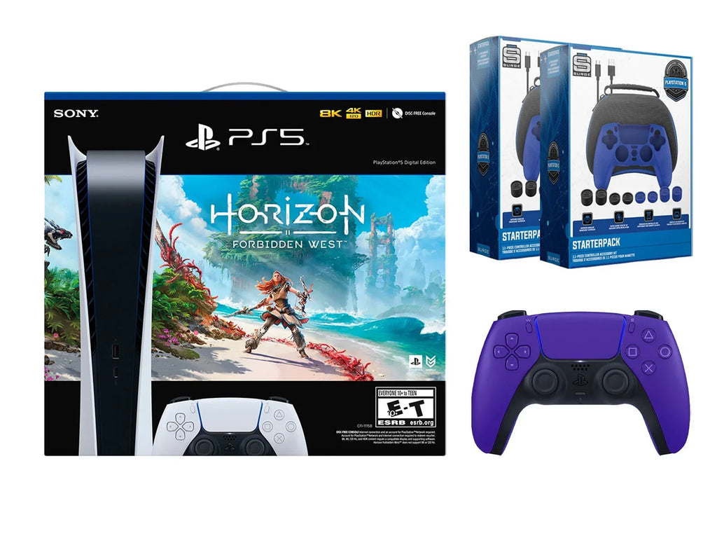 Sony Playstation 5 Digital Horizon Forbidden West Bundle with Extra Purple Controller with 2 Pack Surge Pro Gamer Starter Pack Accessory Kit