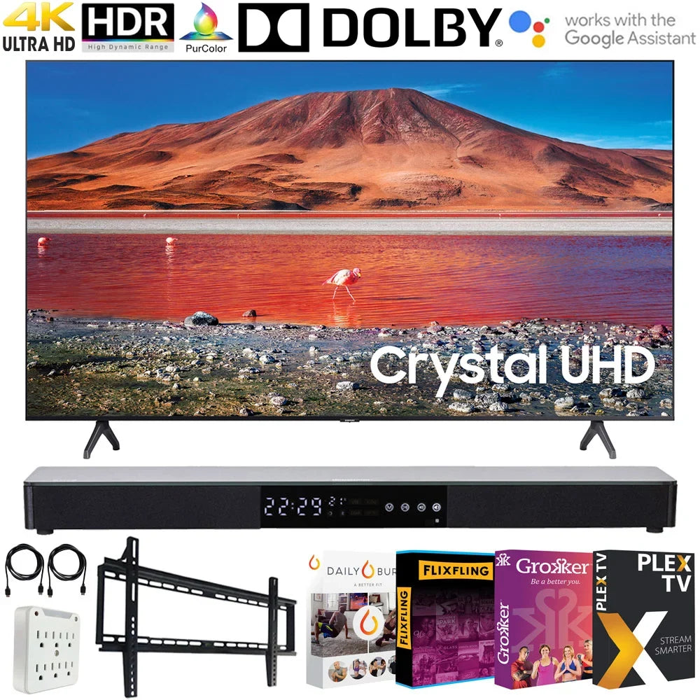 Samsung UN58TU7000 58-inch 4K Ultra HD Smart LED TV (2020 Model) Bundle with 31-in Sound bar+Wall Mount+Tech Smart USA TV Essentials 2020 & Surge Adapter (UN58TU7000FXZA 58TU7000 58" TV)