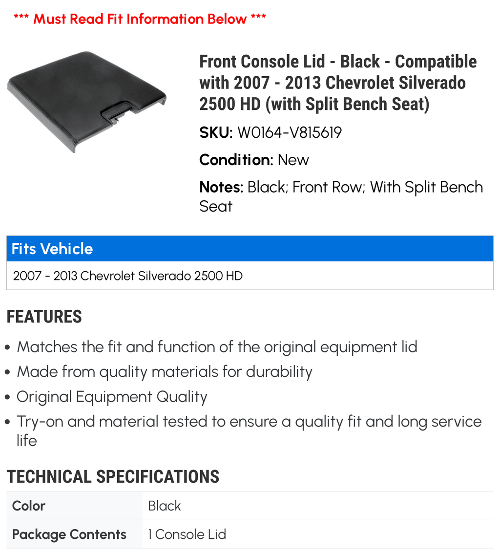 Front Console Lid - Black - Fitting with 2007 - 2013 Chevy Silverado 2500 HD (with Split Bench Seat) 2008 2009 2010 2011 2012