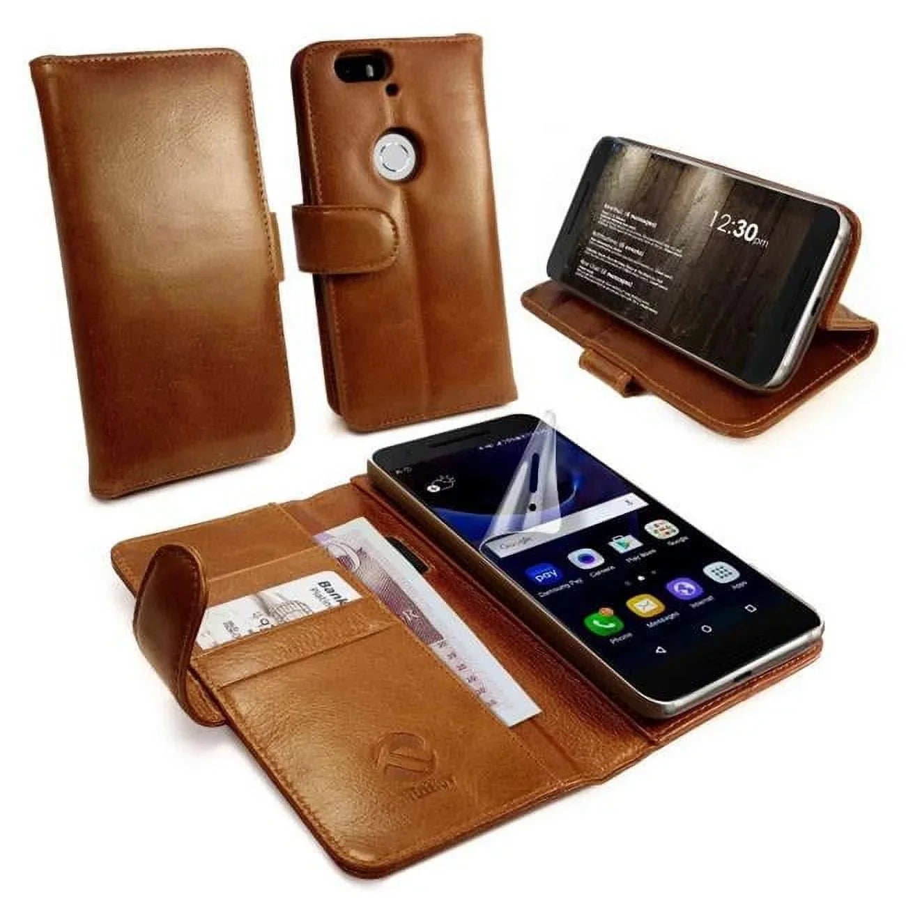 C1-89 Vintage Leather Wallet Free Screen Protector Case Coating for Huawei Nexus 6P - Brown