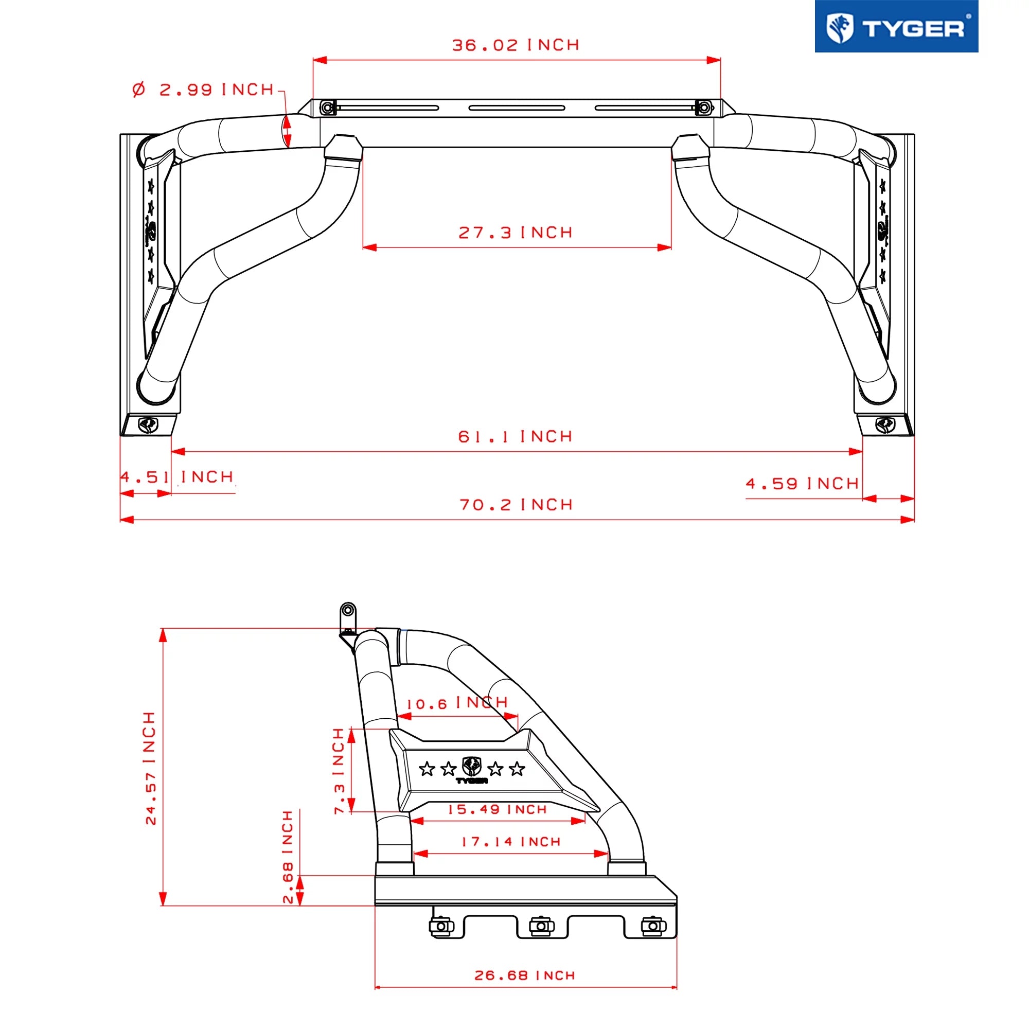 Tyger Auto Sport Bar Fitting with 2022-2024 Toyota Tundra (Exclude SR) | 5.5/6.5' Bed | TG-SB7T88728 | Textured Black | Light Mount | Roll Bar