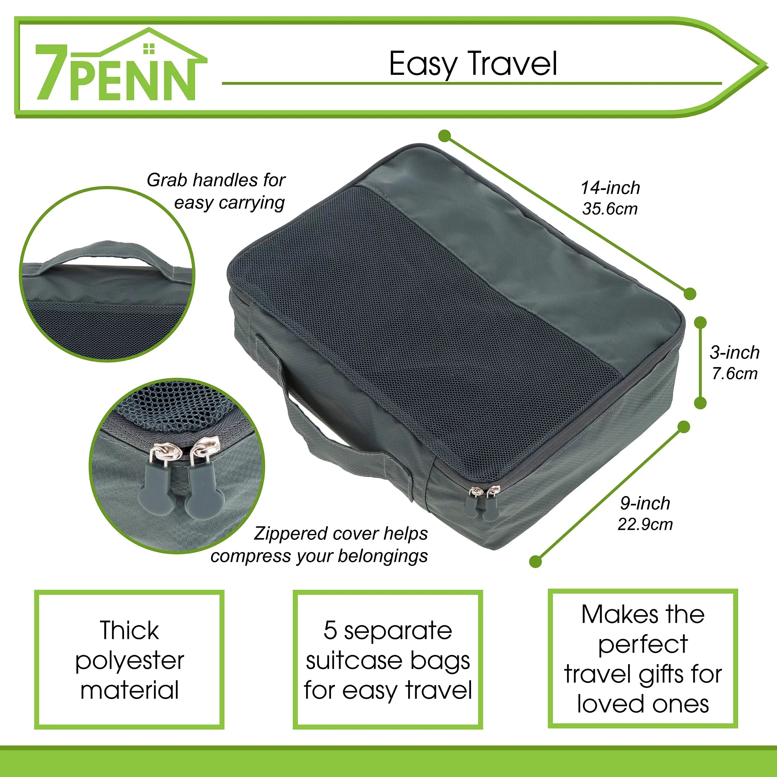 7Penn Premium Packing Cubes Set - 5pk Black Luggage Organizers for Travel