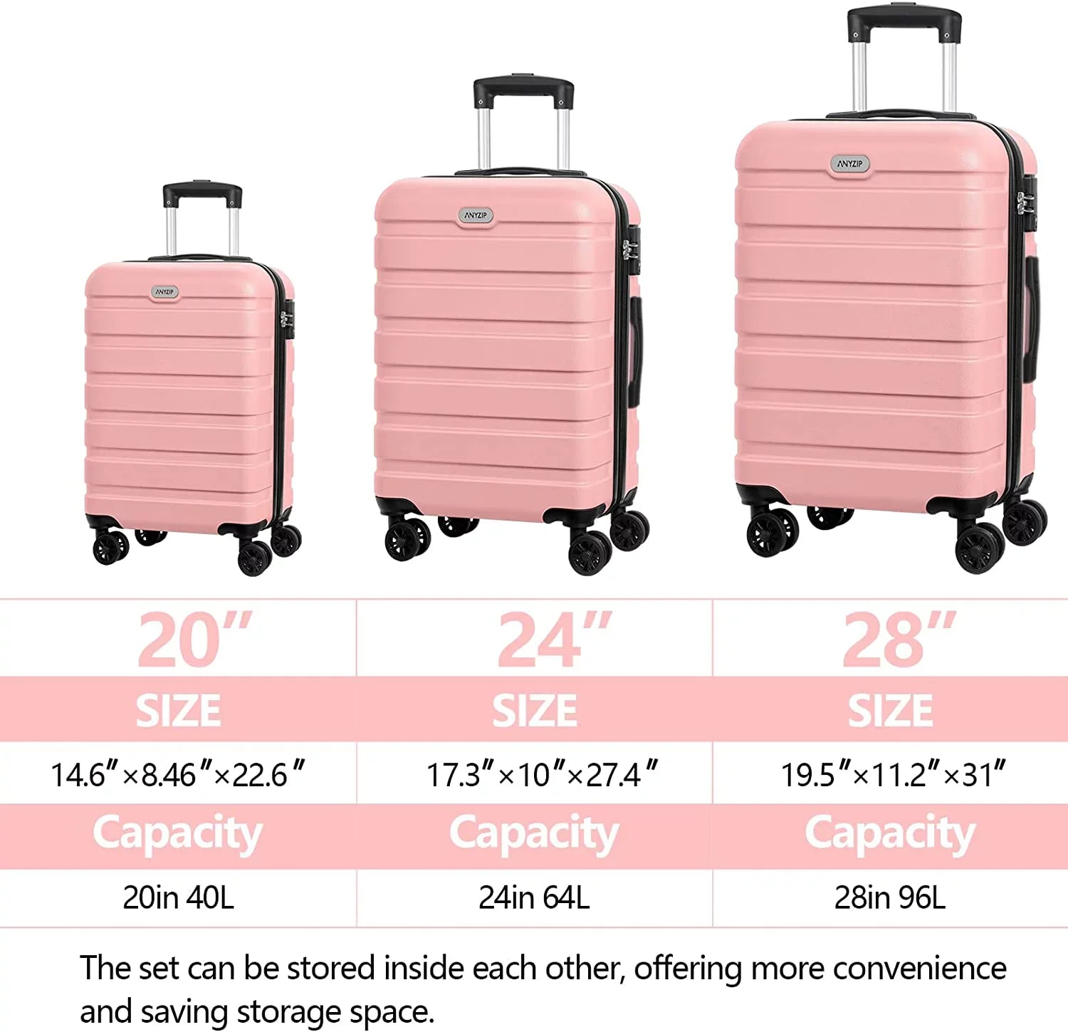 Luggage Sets 3 Piece AnyZip PC ABS Hardside Lightweight Suitcase with 4 Universal Wheels TSA Lock Carry On 20 24 28 Inch Black
