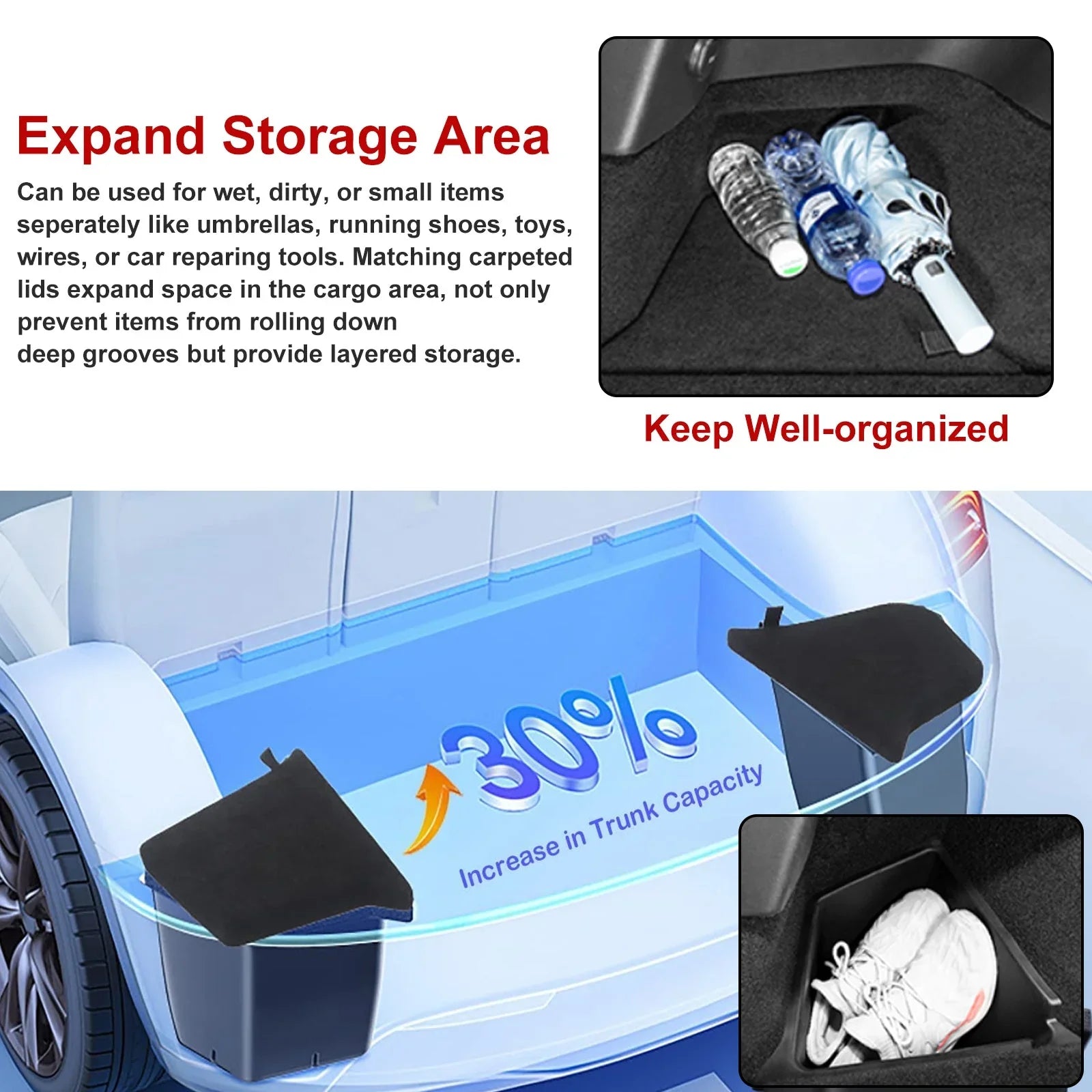 Xotic Tech Black Rear Trunk Side Storage Grocery Box w/Lid Reinforced Handle Partition Board Wrap Organizer Packet Holder Bin Suitable with Tesla Model Y 5 Seater 2022-up