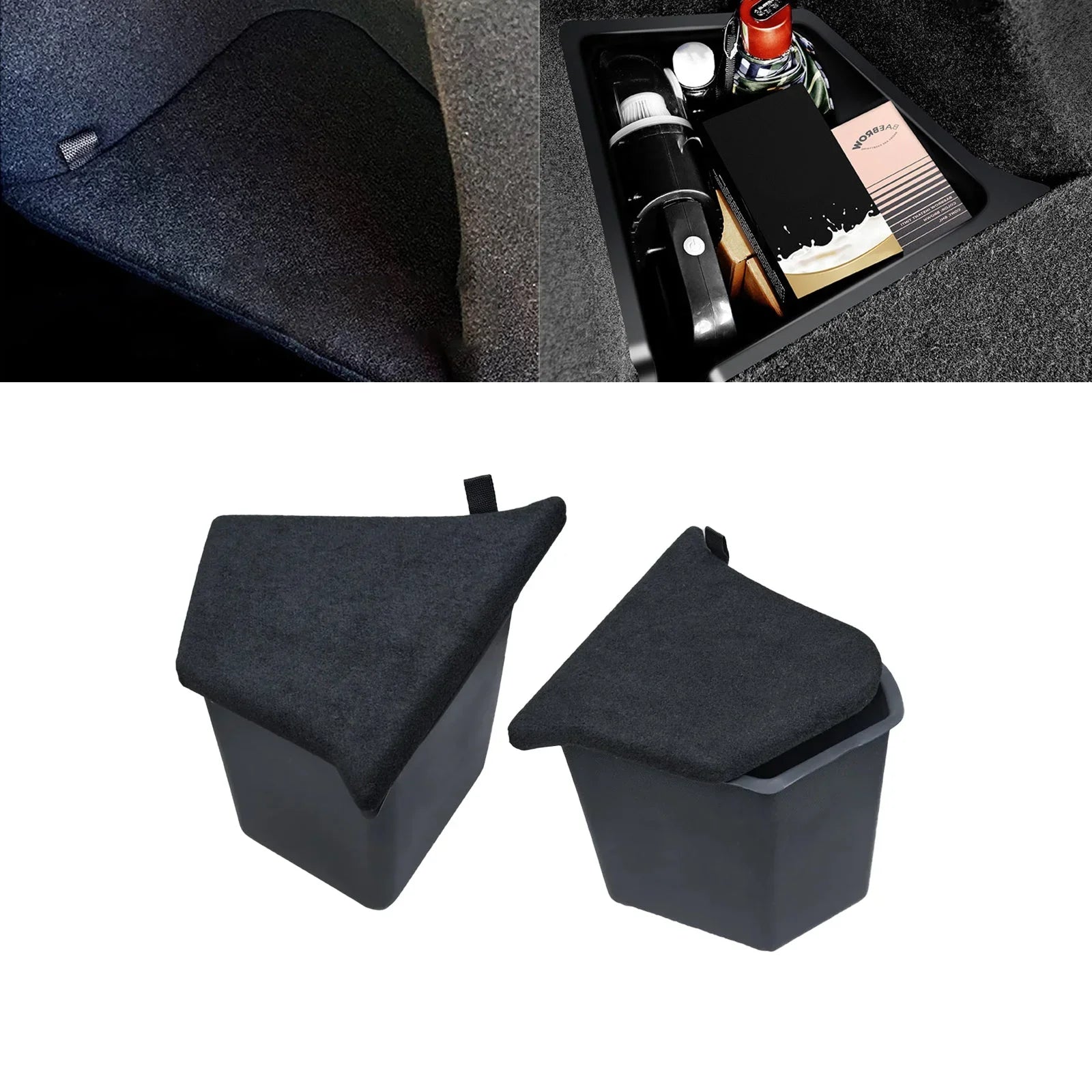 Xotic Tech Black Rear Trunk Side Storage Grocery Box w/Lid Reinforced Handle Partition Board Wrap Organizer Packet Holder Bin Suitable with Tesla Model Y 5 Seater 2022-up