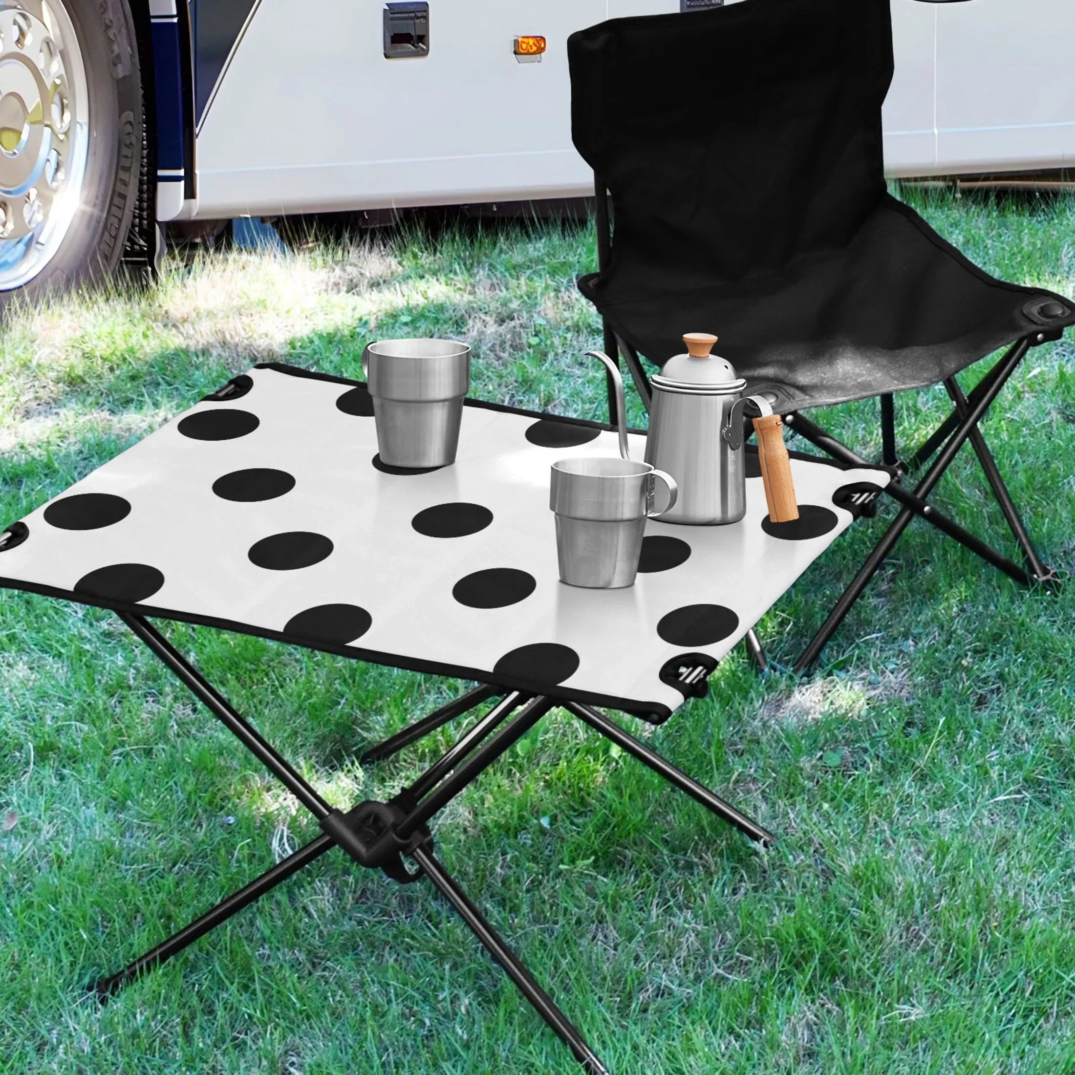 Black Polka Dots Camping Foldable Portable Table Beach Table with Storage Bag Compact Picnic Table for Outdoor Hiking Fishing BBQ