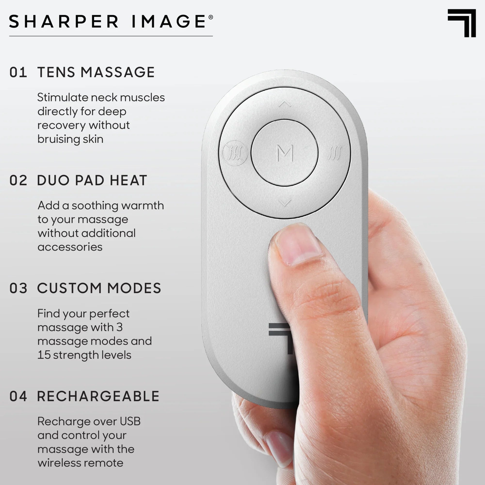 Sharper Image® Neck Tens Muscle Stimulator with Soothing Heat & Wireless Remote, Pain Relief Therapy With 3 Massage Modes & 15 Intensity Levels, USB Rechargeable, 4 Hour Battery Life