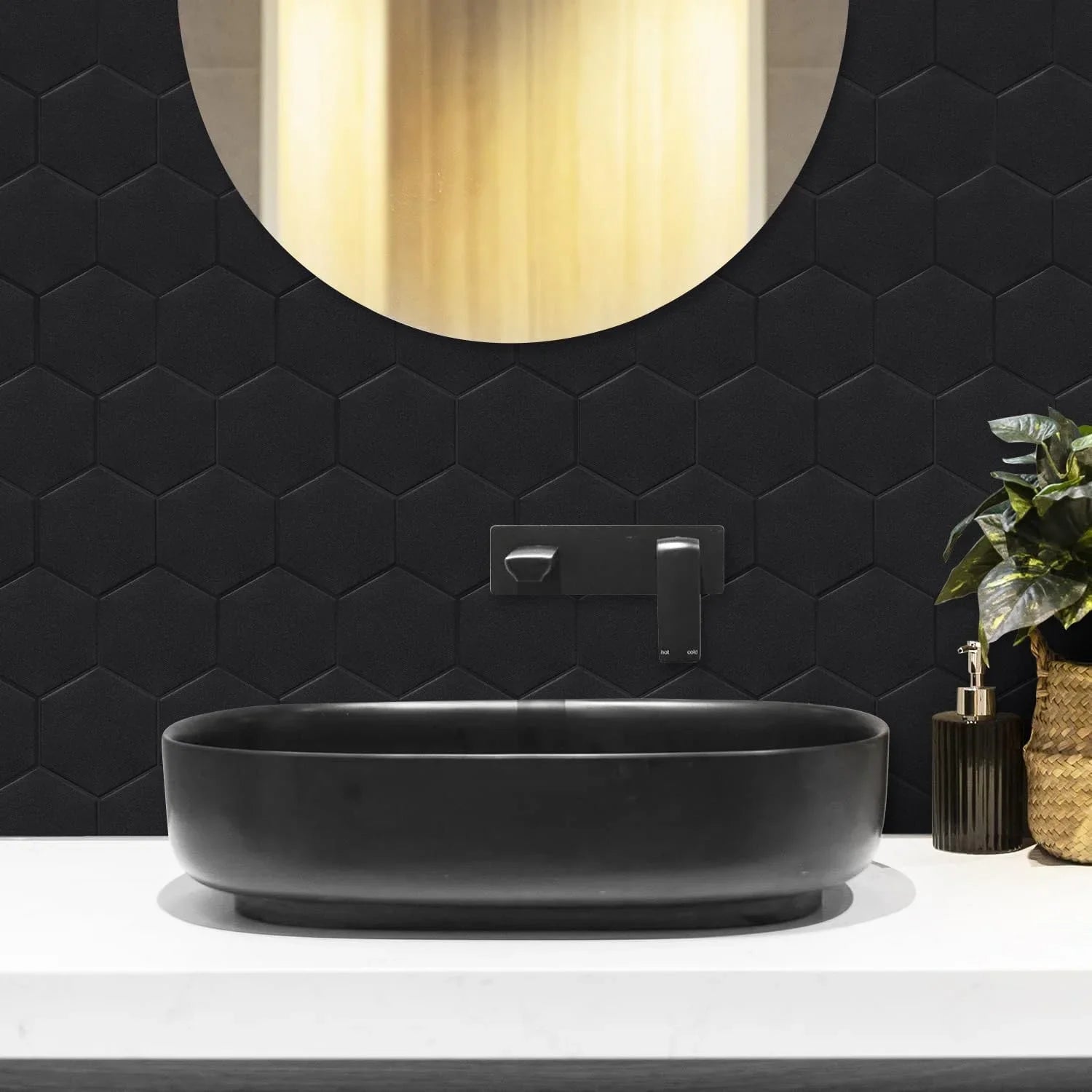 Real 3D Matte Black Self Adhesive PET Tiles Big Hexagon Peel and Stick Backsplash for Kitchen Bathroom(11.57''x10.35'',10-Sheet)