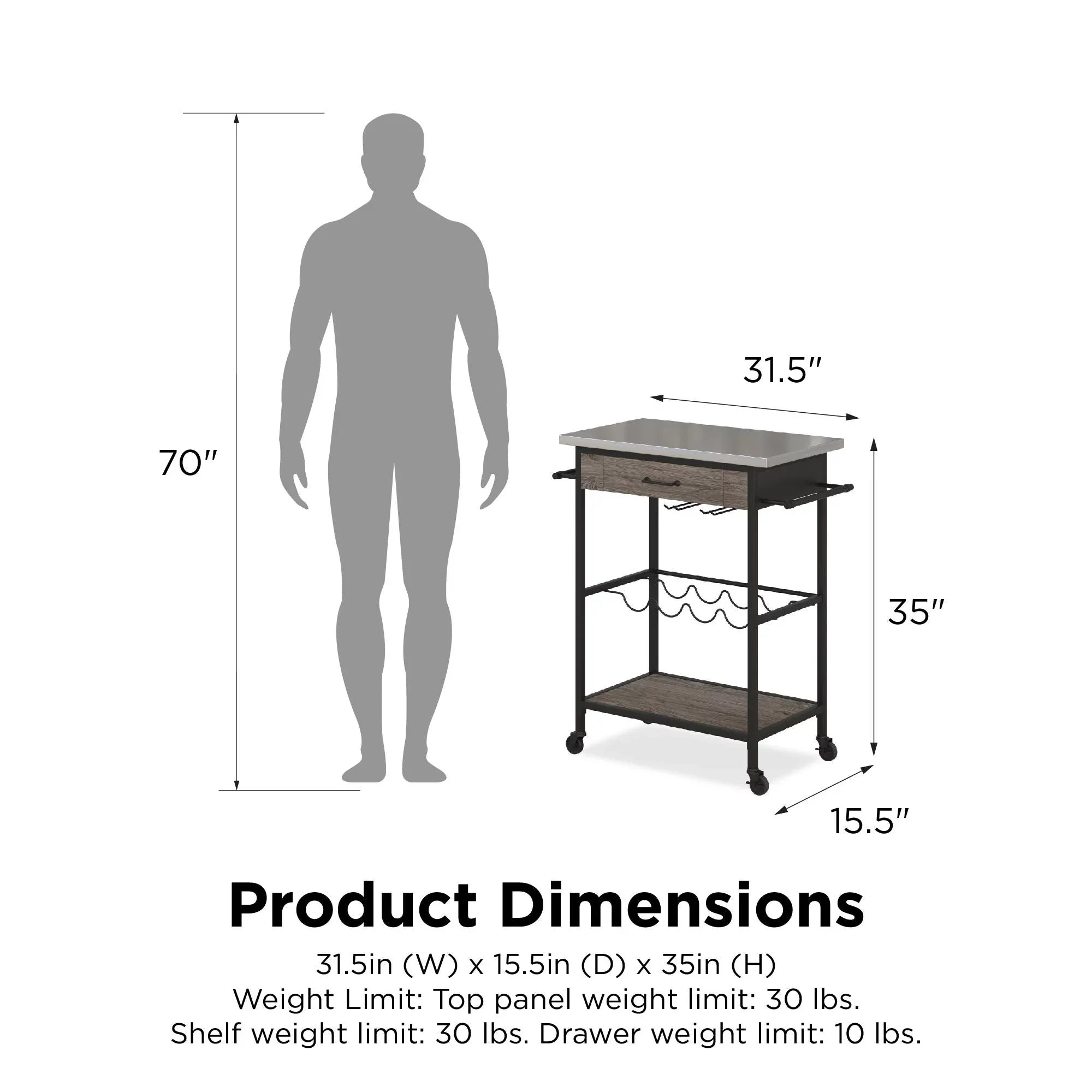 Novogratz Nora Multifunctional Kitchen Cart, Wine Rack and Pantry Storage, Stainless Steel and Black Metal, Brown