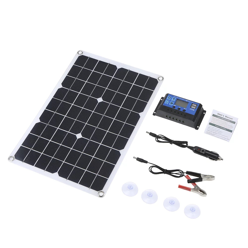 50W DC 5V/18V Dual Output Solar Panel with 2 USB Ports & Car Charge IP65 Water Resistance /24V Solar Charge Controller PWM ligent Regulator