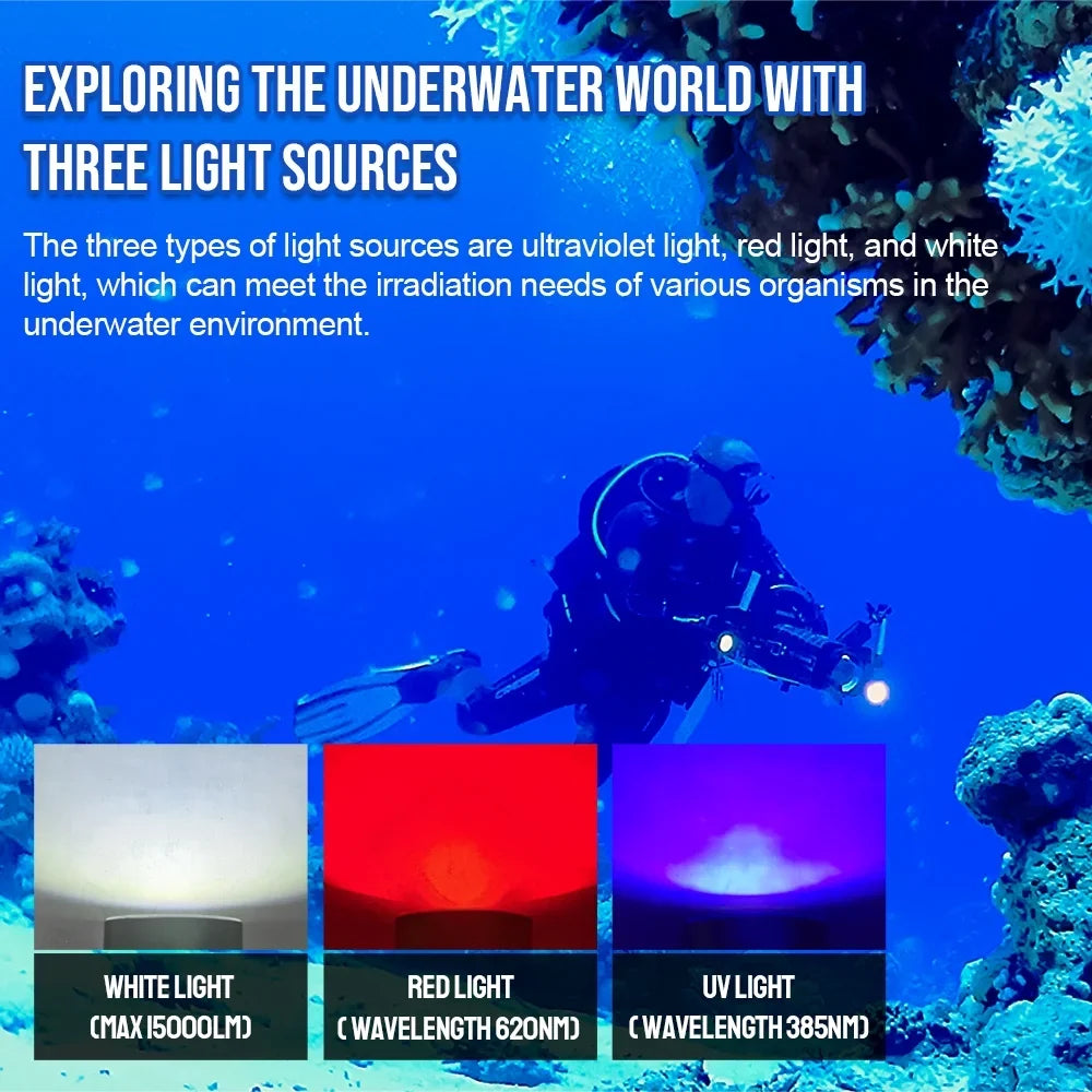 TrustFire DF90 Scuba Diving Light, 15000 Lumens Video Camera Photography Dive LED Flashlight, 70M Underwater Scuba Diving Flashlight, Super Bright, with Violet Red White Lights
