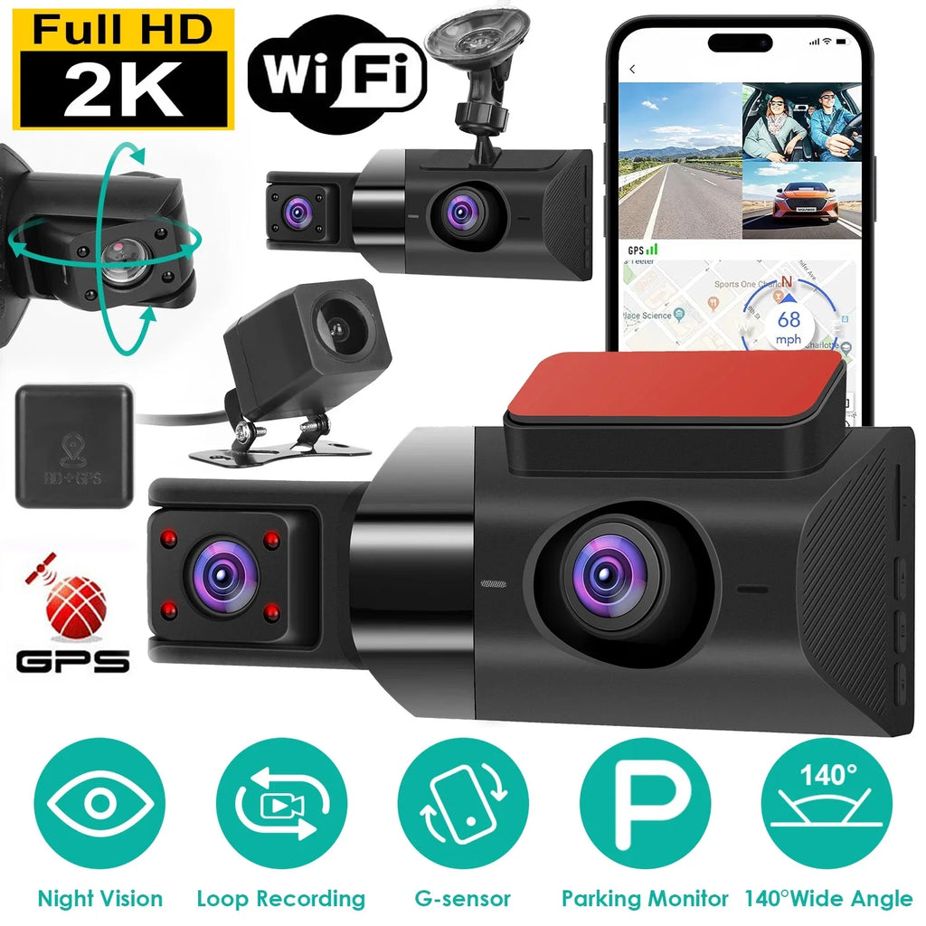 iMounTEK 2K Car DVR 3 Channel Dash Cam Camcorder Camera Recorder with 140° Angle GPS WiFi Night Vision G-sensor Loop Recording Parking Monitor