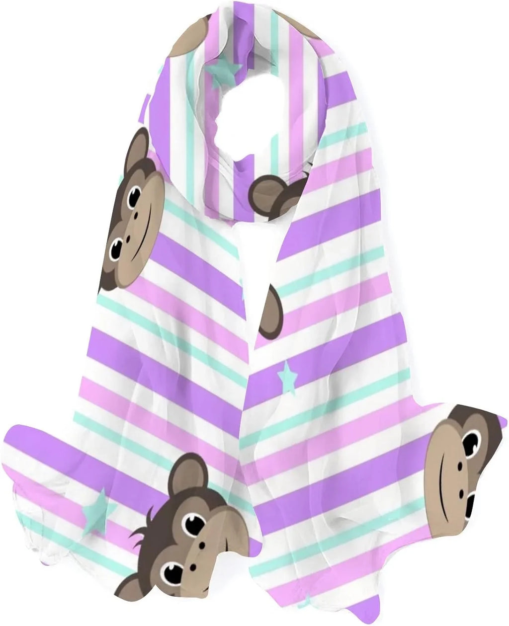 Hyjoy Monkey Faces On Stripe Long Silk Neck Scarf Lightweight Shawl Wrap Scarves for Women Girls