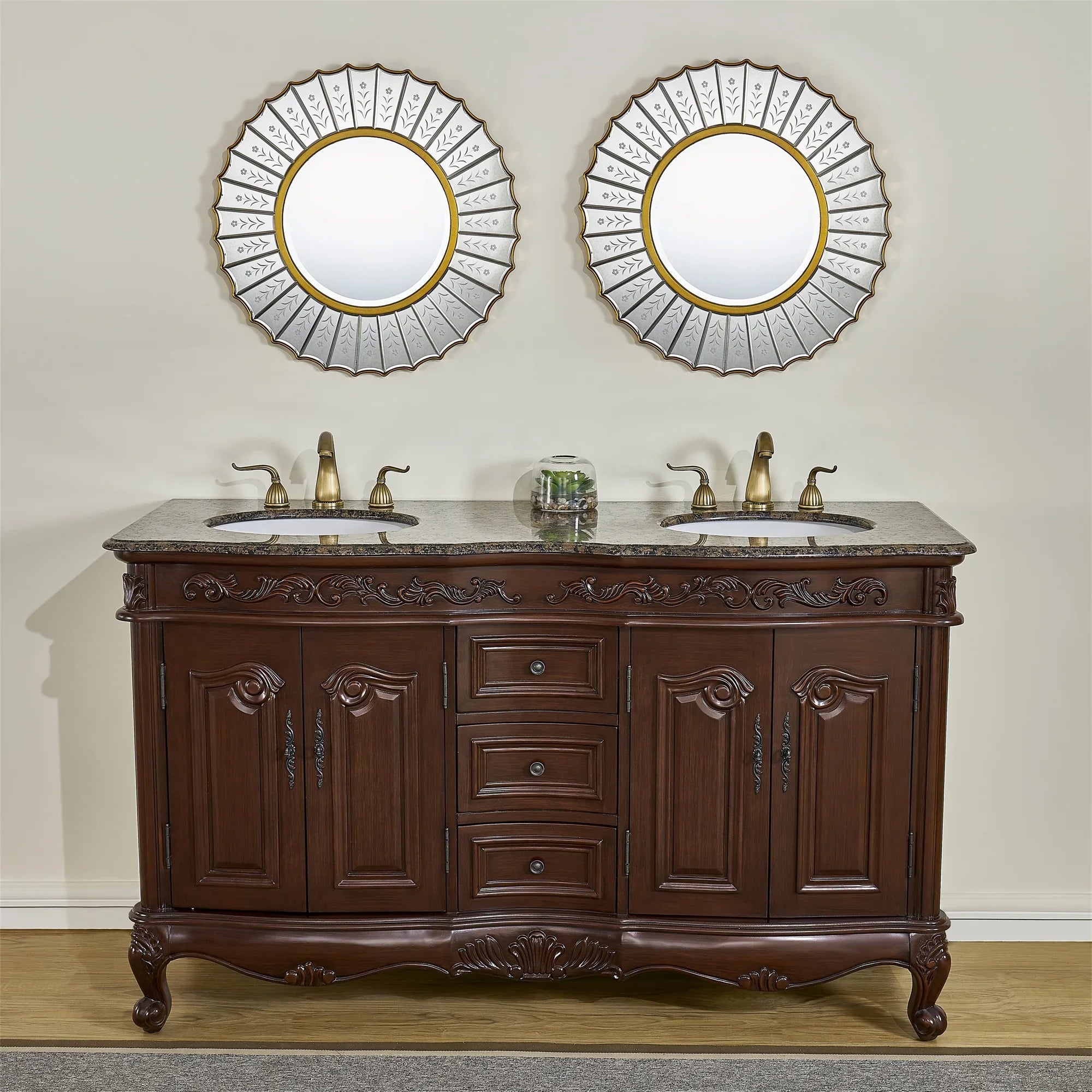 Stufurhome 60 inch Saturn Double Sink Vanity with Baltic Brown Granite Top