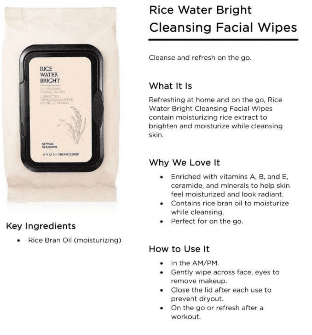Avon Rice Water Bright Cleansing milk Facial Wipes 2pack of 50 makeup remover face wash moisturize 100ct
