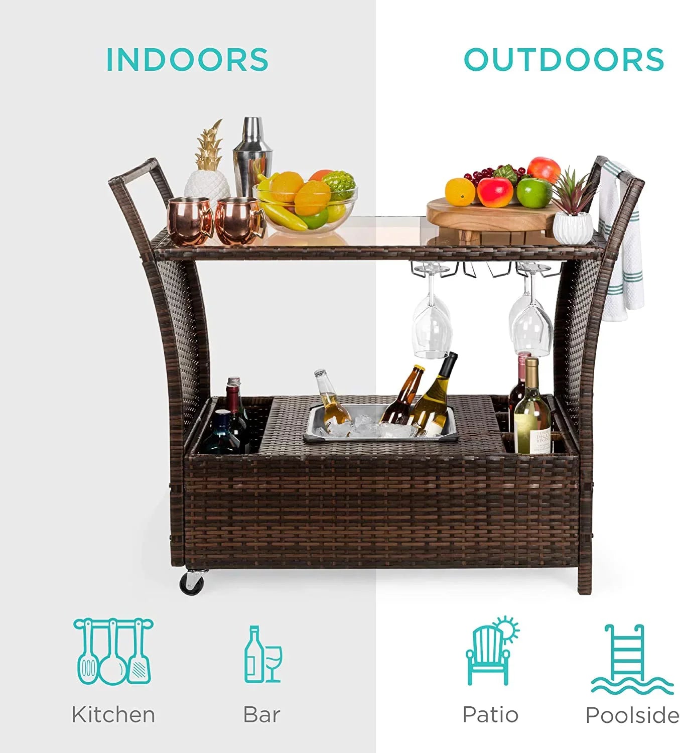 Outdoor Rolling Wicker Bar Cart w/Removable Ice Bucket, Glass Countertop, Wine Glass Holders, Storage Compartments - Brown