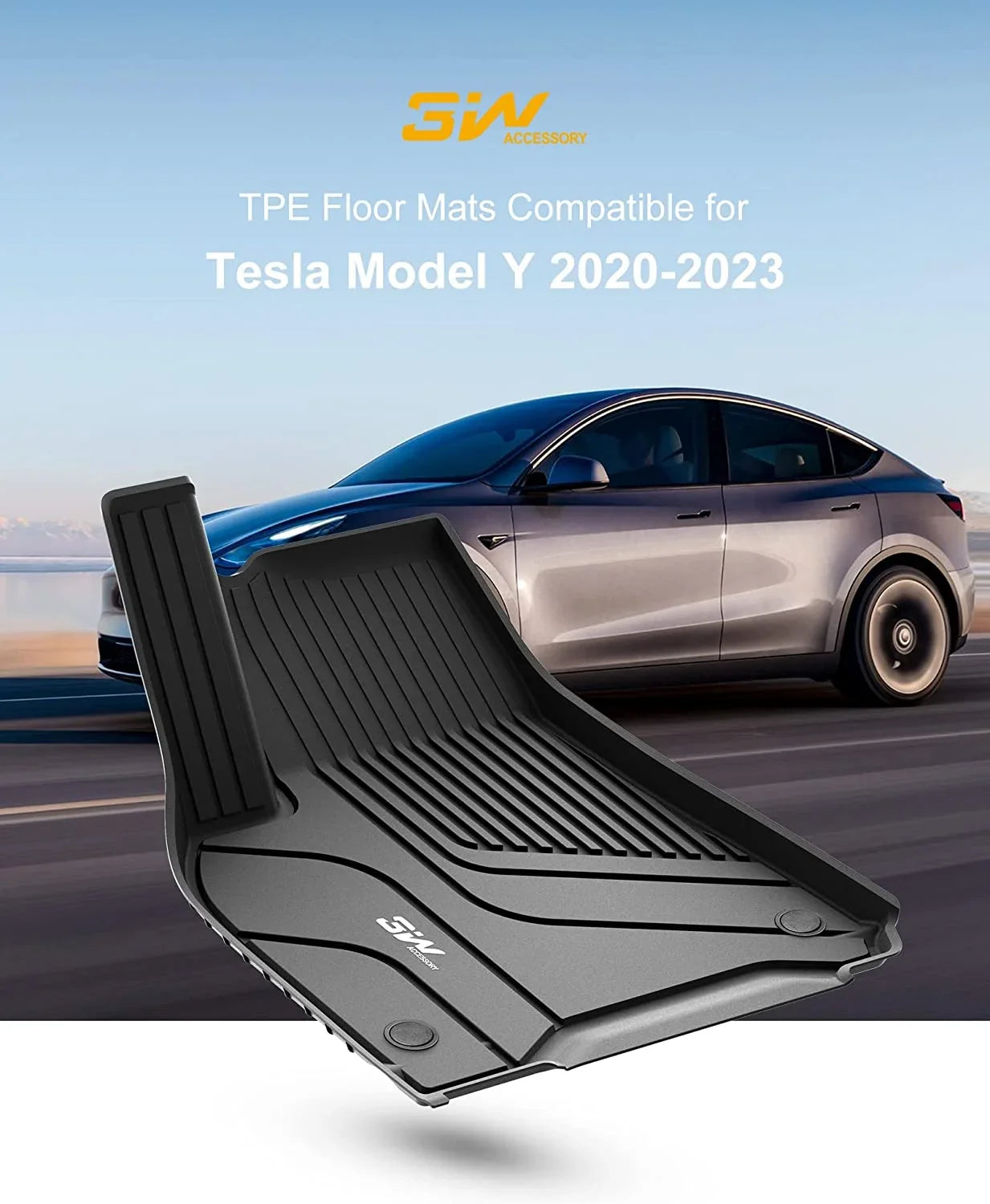 3W Floor Mats & Cargo Liner for Tesla Model Y 2020-2023 TPE All Environment Custom Fit Floor Liner for Tesla Y 1st&2nd Row and Trunk Black Car Mats