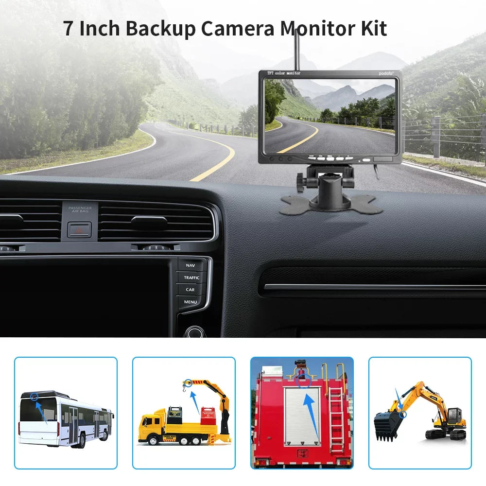Podofo Wireless Vehicle Truck 2 Backup Parking Assistance System, Ir Night Vision Waterproof Rear View Camera + 7" Monitor for RV Truck Trailer Bus