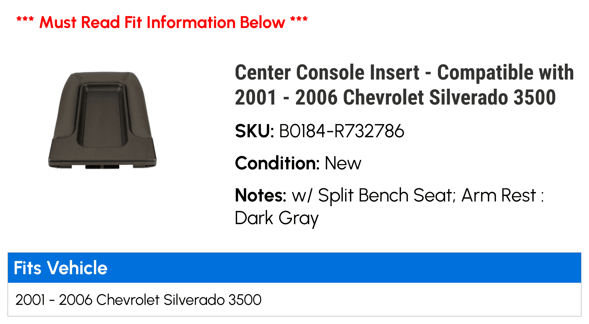 Center Console Insert - Suitable with 2001 - 2006 Chevy Silverado 3500 2002 2003 2004 2005