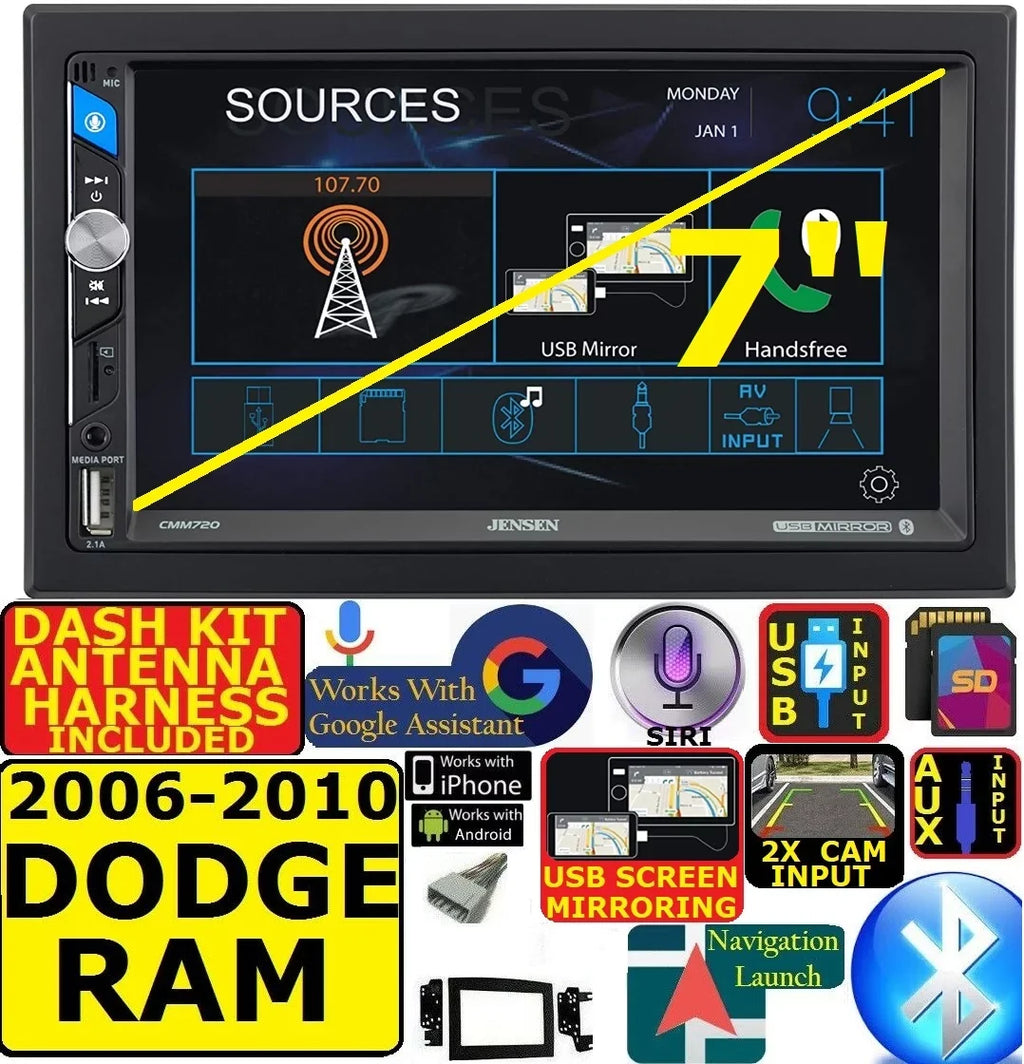 FITS 06-10 DODGE RAM AM/FM USB/BLUETOOTH TOUCHSCREEN CAR RADIO STEREO PKG. INCLUDES VEHICLE SPECIFIC INSTALLATION HARDWARE INCLUDING DASH KIT, WIRE HARNESS, AND ANTENNA ADAPTER WHEN REQIRED.