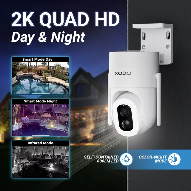 XODO E15 Solar Outdoor Wireless Camera for Home Security System, 2K 3MP Floodlight Pan-Tilt 360° View Cam with Color Night Vision, 2-Way Audio, Motion Detection, Siren, App Remote – Cloud/SD