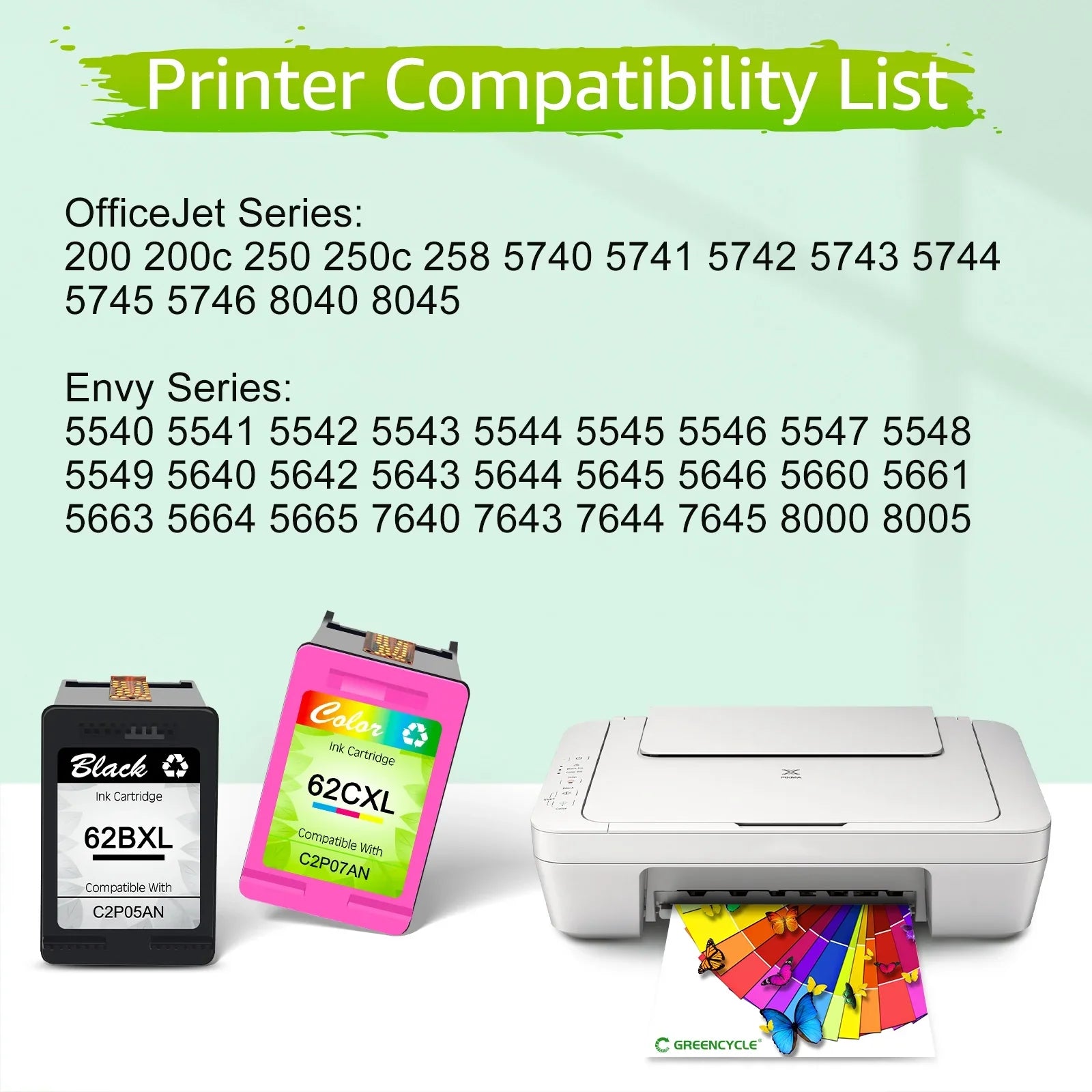 GREENCYCLE 62XL Ink Cartridges Replacement for HP High Yield 62 XL Fitting with Envy 5540 5640 5660 7644 7645 OfficeJet 5740 8040 OfficeJet 200 250 (3 Tri-Color)