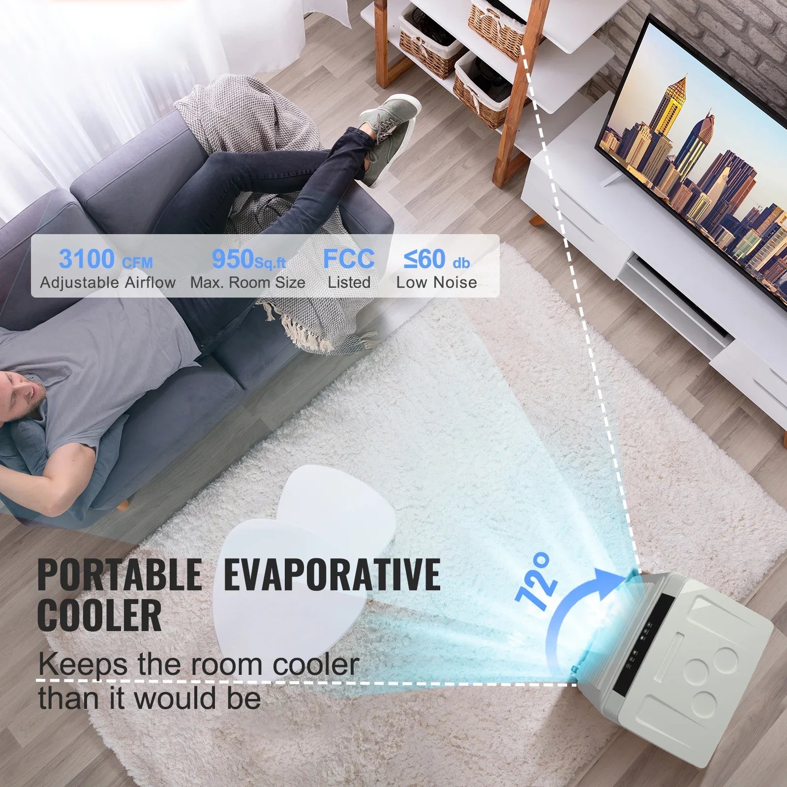SKYSHALO Evaporative Cooler Swamp Cooler 3-in-1 3100 CFM 9 Gal 12h Timer Humidifier