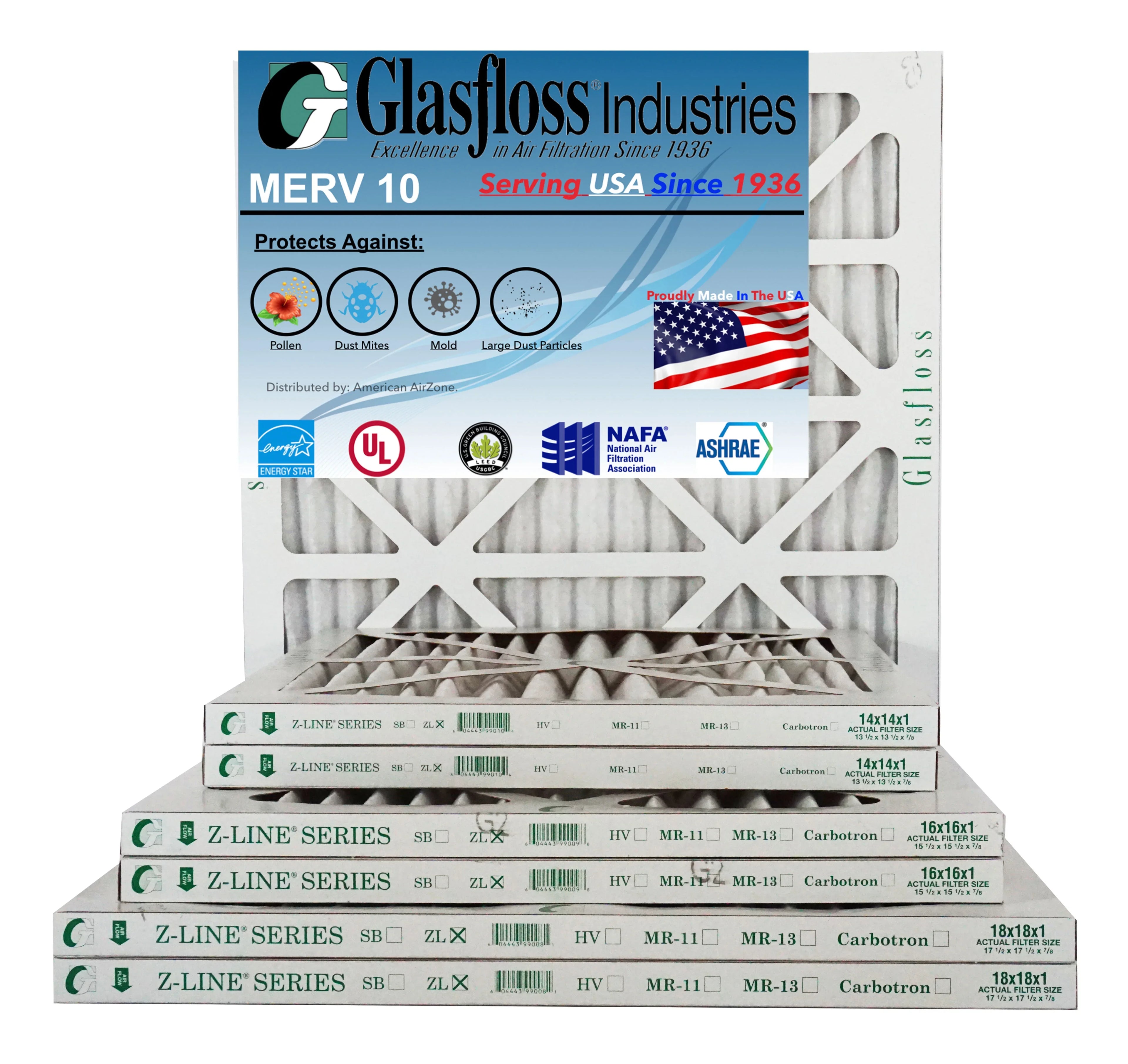 Glasfloss Air Filter 16x16x2 - 2" MERV 10 - (Pack of 6) - Pleated AC or HVAC Air Filter - Furnace Air Filter - Home or Office - Made In The USA.