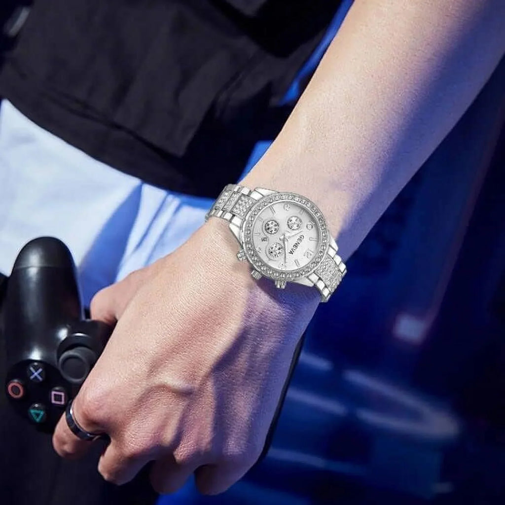 FANMIS Luxury Unisex Pave Floating Crystal Diamonds Calendar Analog Quartz Watch Luminous Pointer with Stainless Steel Link Bracelet