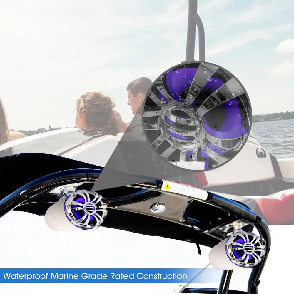 PYLE PLMRWB50L - Waterproof Rated Marine Tower Speakers - Wakeboard Subwoofer Speaker System with Built-in LED Lights, Stainless Steel, 5.25'' (200 Watt)