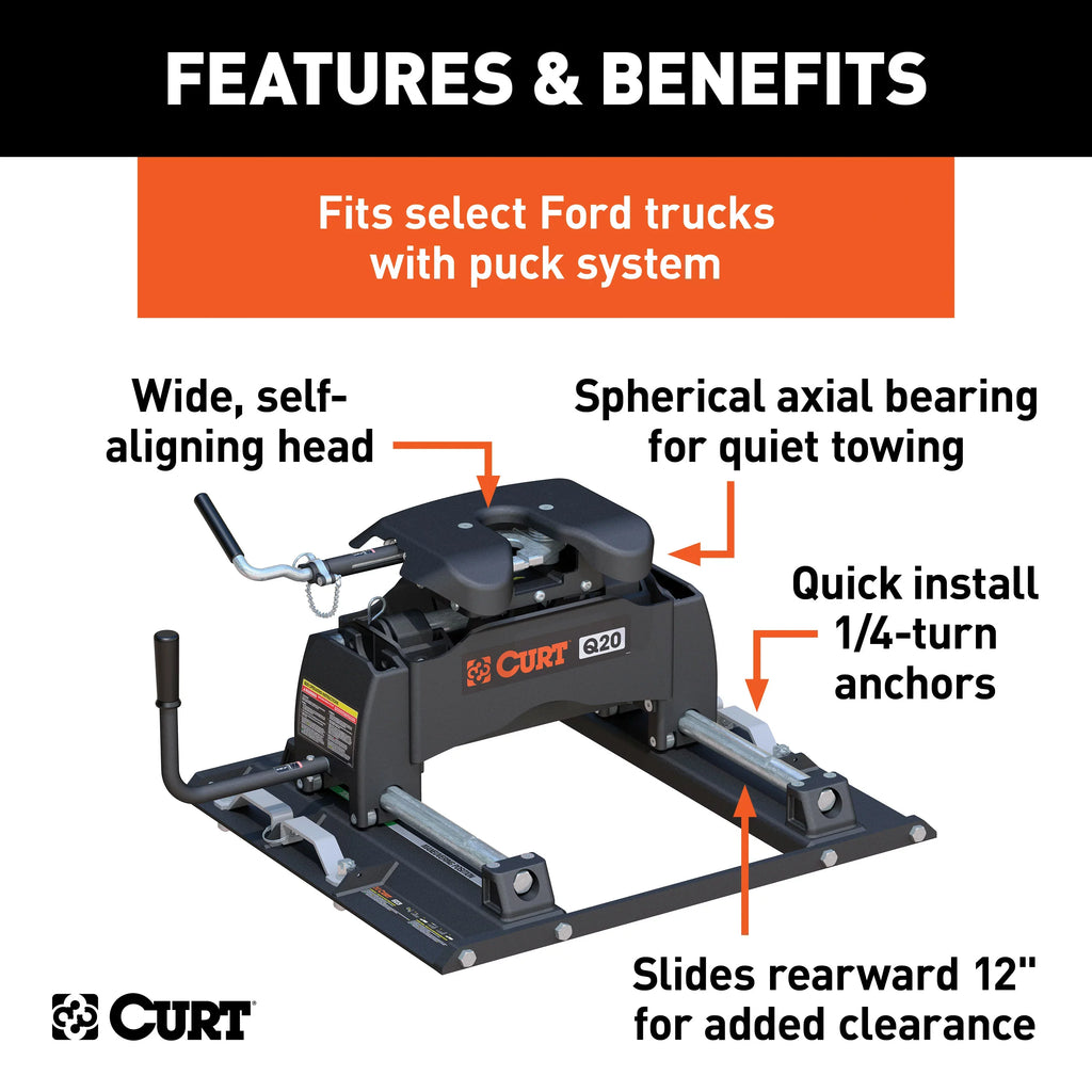 CURT 16677 Q20 5th Wheel Slider Hitch, 20,000 lbs, Select Ford F-250, F-350, F-450, 6.75-Foot Bed Puck System