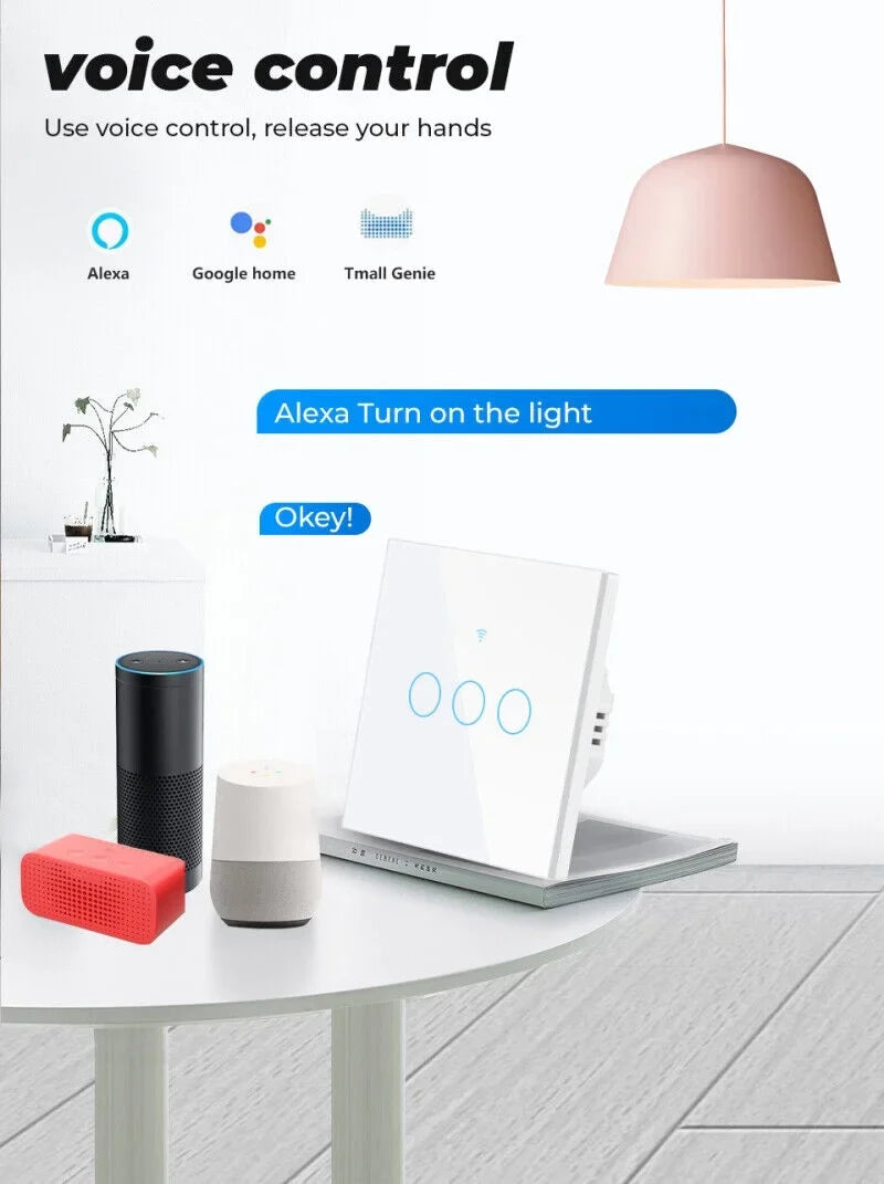 TUYA WiFi+433MHZ Smart Touch Switch Home Light Wall Glass Panel Button 3/4Gang