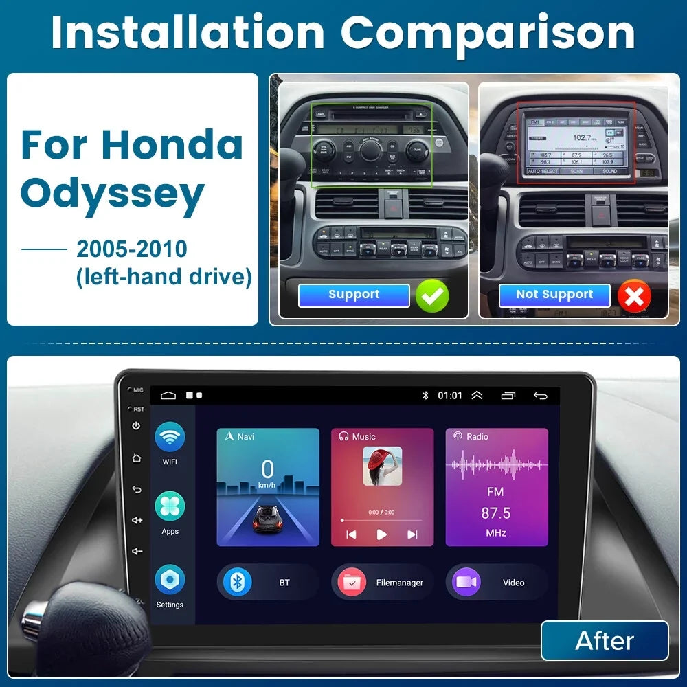 Podofo 2+32G for Honda Odyssey 2005-2010 Wireless Carplay Android Auto Mirror Link 10'' Touch Screen Car Stereo Radio Android 12 WIFI GPS Hifi FM Bluetooth USB Cable,AHD Backup Camera