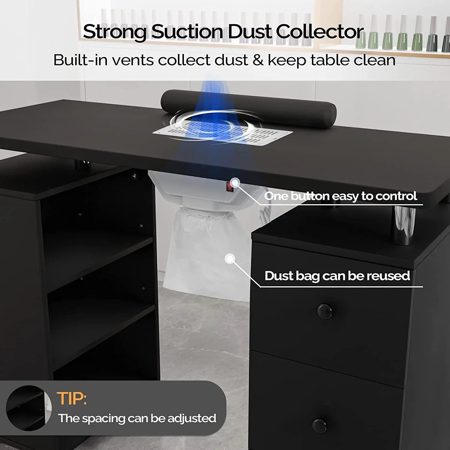 OmySalon Nail Desk Manicure Table for Nail Tech w/Electric Dust Collector, Portable Nail Table Station Beauty Salon Supplies Acetone Impervious w/Lockable Wheels,Wrist Cushion,3-Tier Shelves&Drawers
