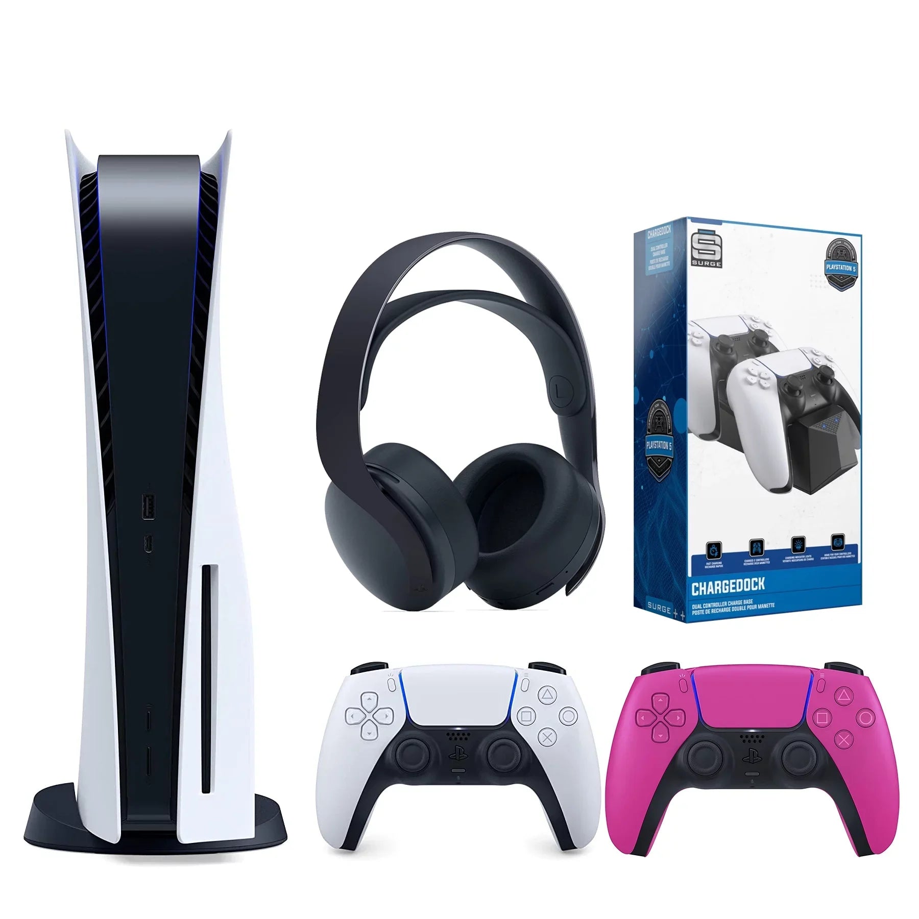 Sony Playstation 5 Disc Version (Sony PS5 Disc) with Extra Nova Pink Controller, Black PULSE 3D Headset and Dual Charging Station Bundle