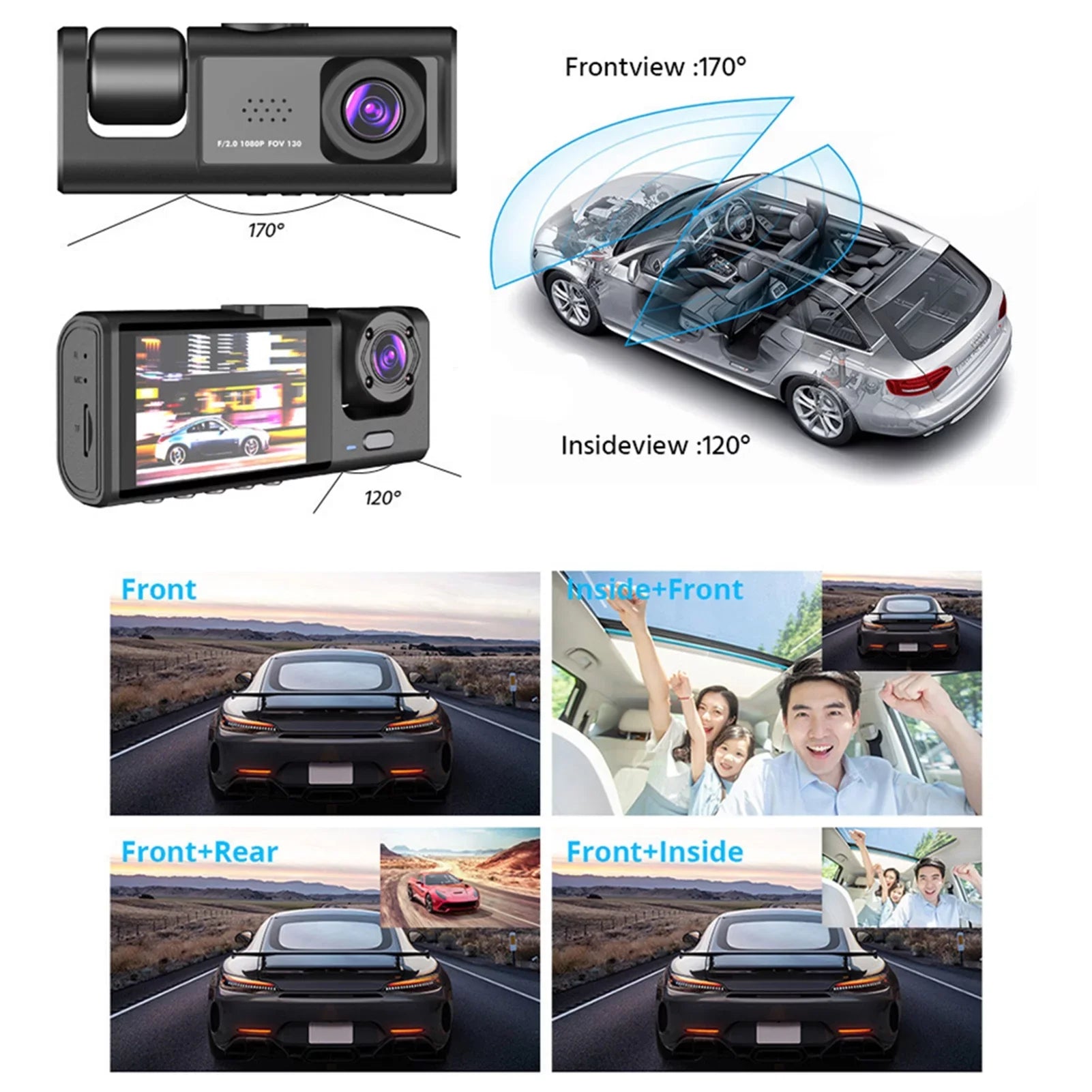 Nebublu Dash Camera with 3 Cameras, Car Video Recording Camcorder, Auto Safety Driving Recorder