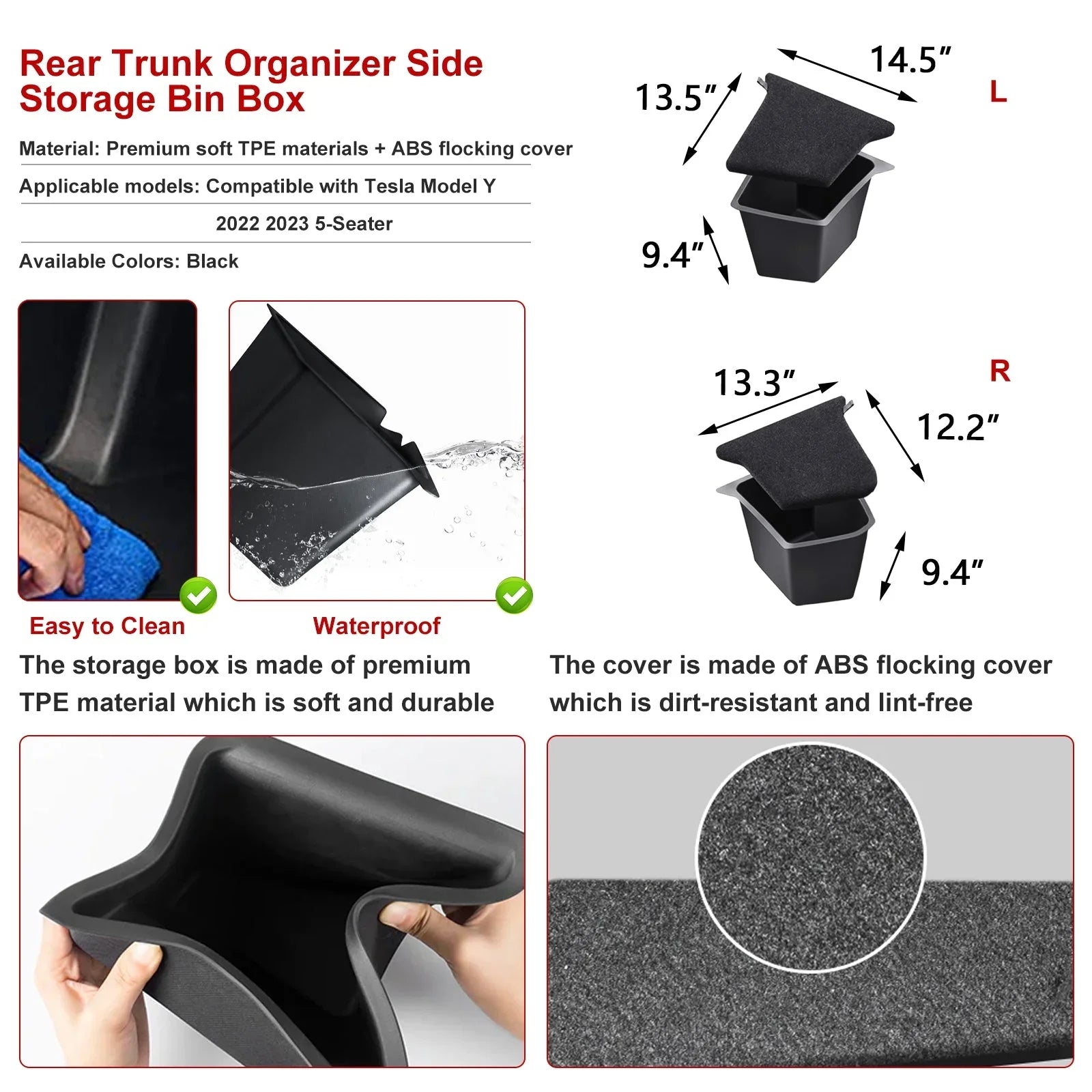 Xotic Tech Black Rear Trunk Side Storage Grocery Box w/Lid Reinforced Handle Partition Board Wrap Organizer Packet Holder Bin Suitable with Tesla Model Y 5 Seater 2022-up