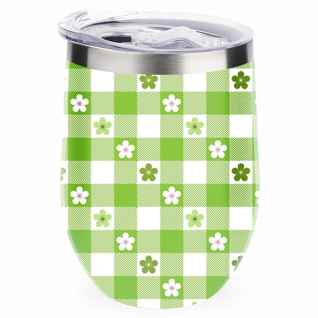 Hidove 12oz 304 Stainless Steel Vacuum Insulated Cups, Green and White Flowers Eggshell Cup U Shape Tumbler Cups with Lid, Double Layer Insulation Wine Cup Big Belly Cup