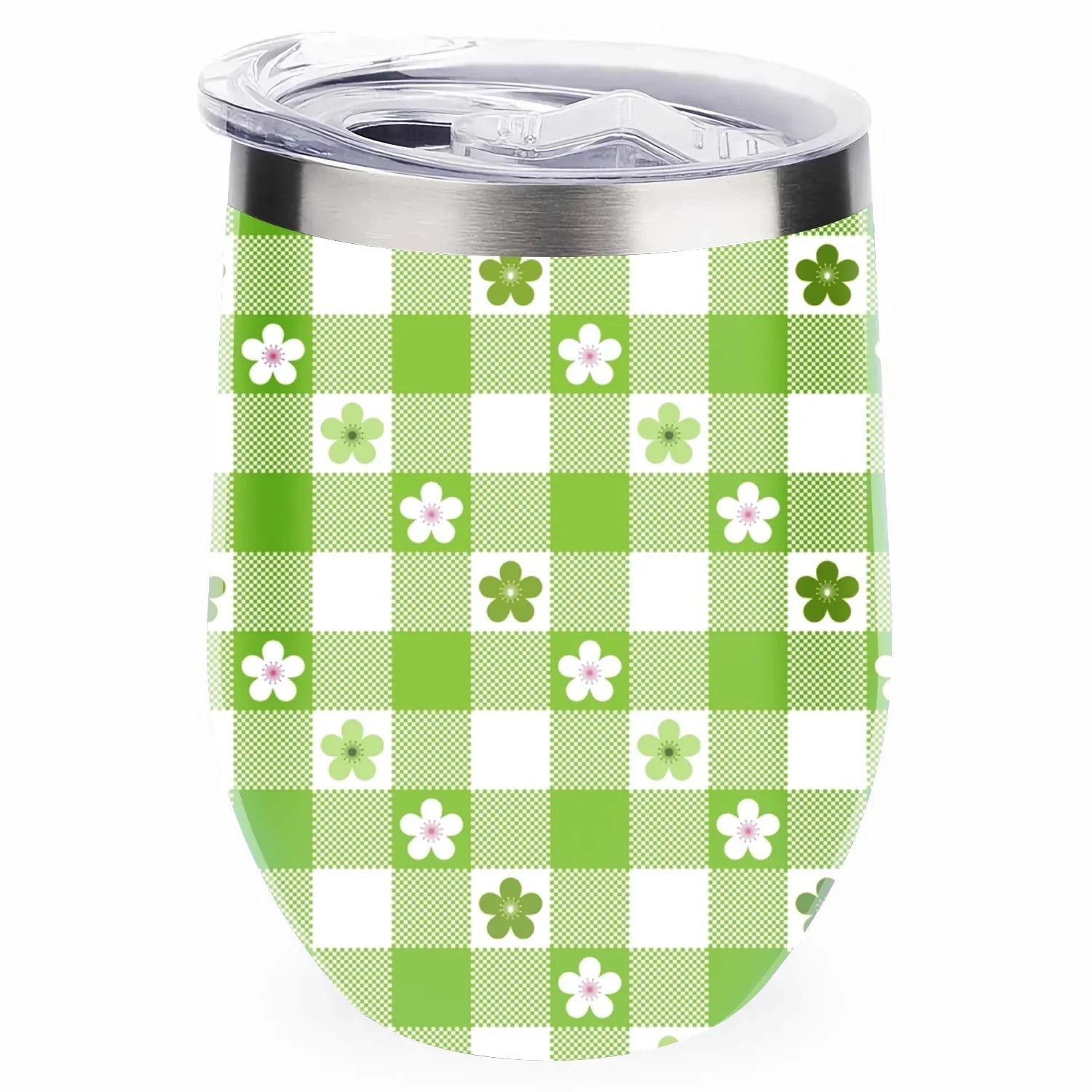 Hidove 12oz 304 Stainless Steel Vacuum Insulated Cups, Green and White Flowers Eggshell Cup U Shape Tumbler Cups with Lid, Double Layer Insulation Wine Cup Big Belly Cup