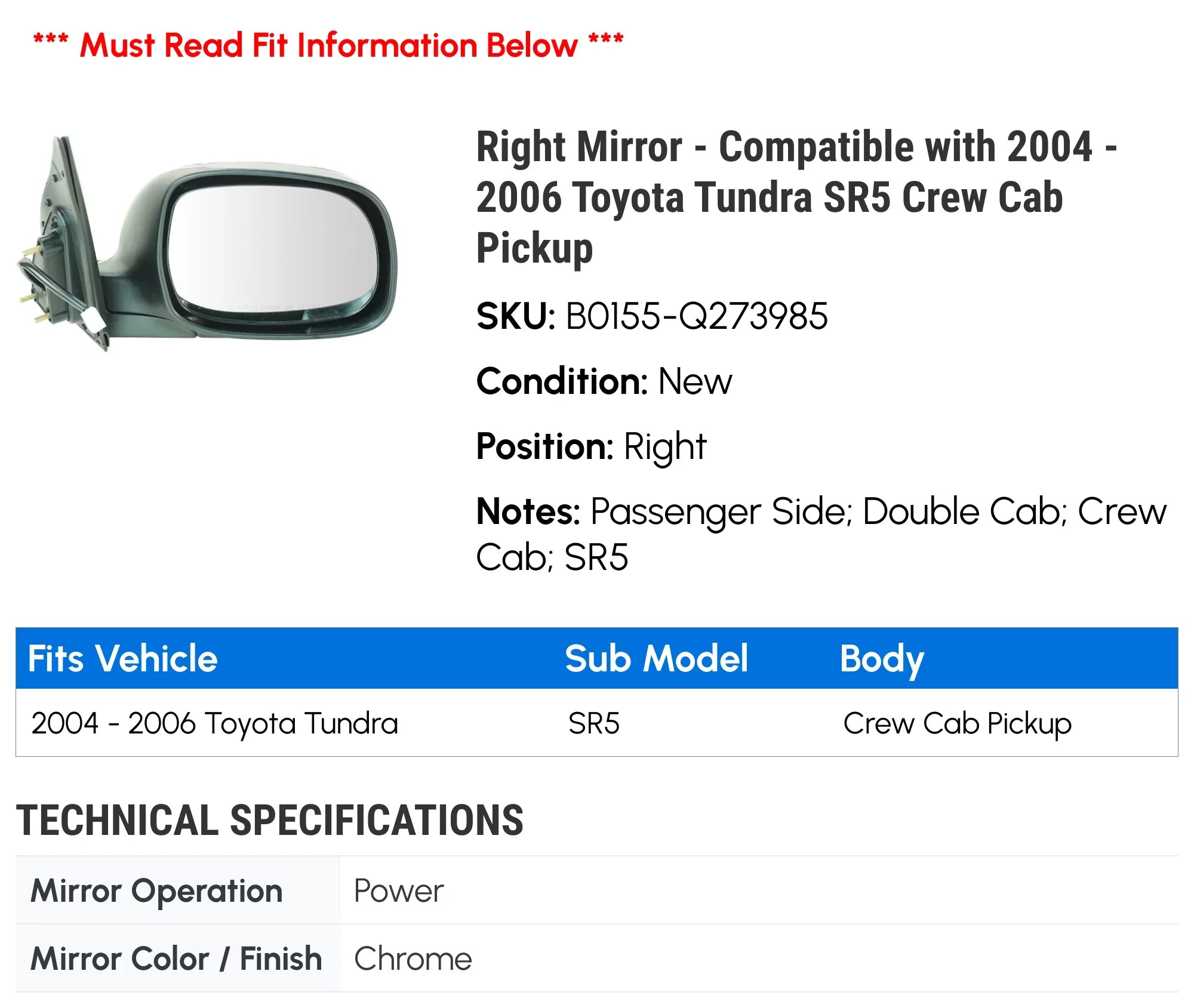 Right Mirror - Fitting with 2004 - 2006 Toyota Tundra SR5 Crew Cab Pickup 2005