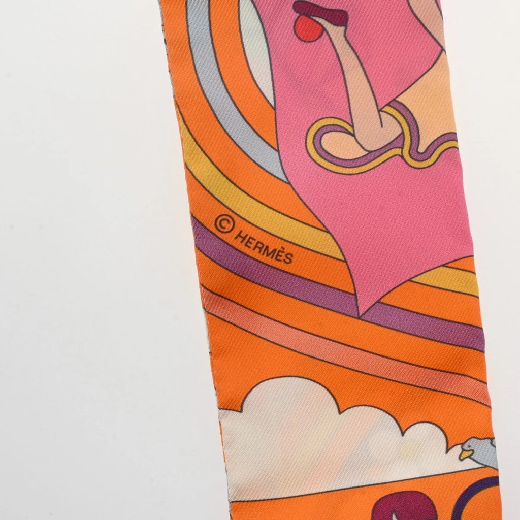 Pre-Owned HERMES Twilly Carres Volants Orange/Rose/Mauve - Women's 100% Silk Scarf Muffler (Like New)
