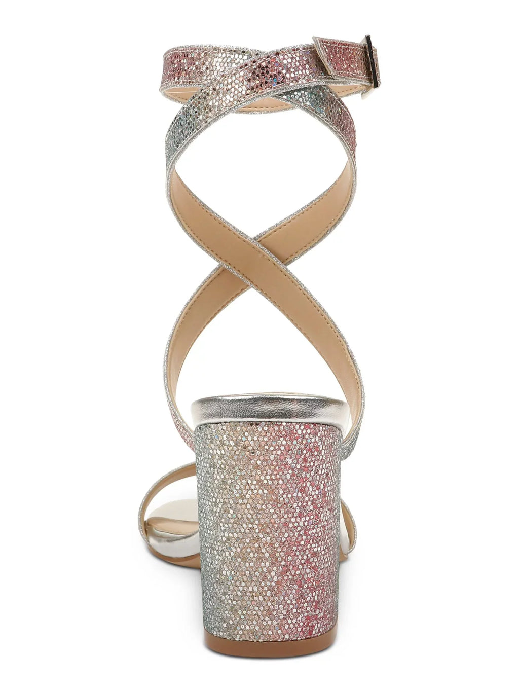 JEWEL BADGLEY MISCHKA Womens Rainbow Silver Iridescent Adjustable Ankle Strap Glitter Padded Newberry Round Toe Block Heel Latch Dress Sandals Shoes 9.5
