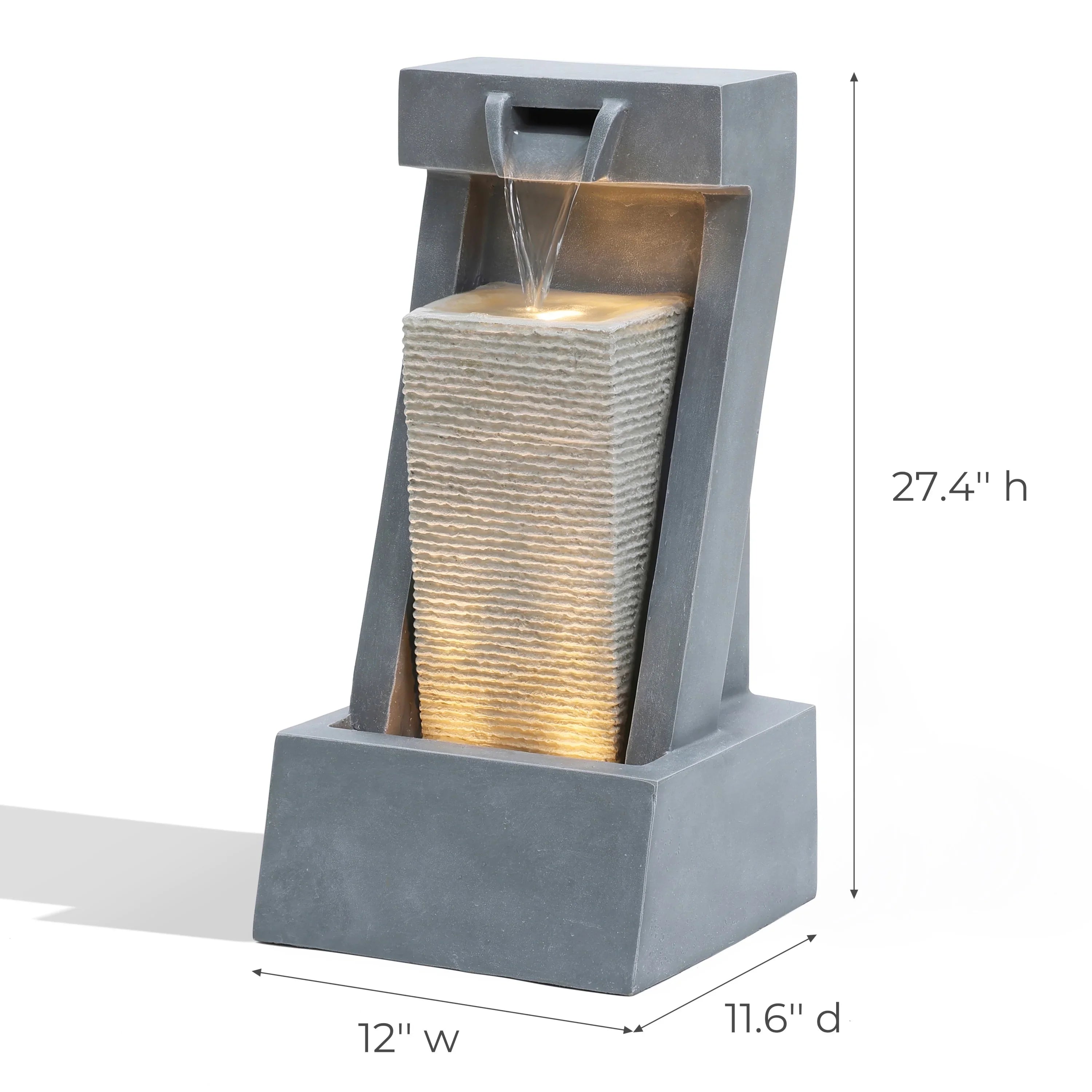 LuxenHome Gray Resin 2-Column Sculpture Outdoor Fountain with Lights