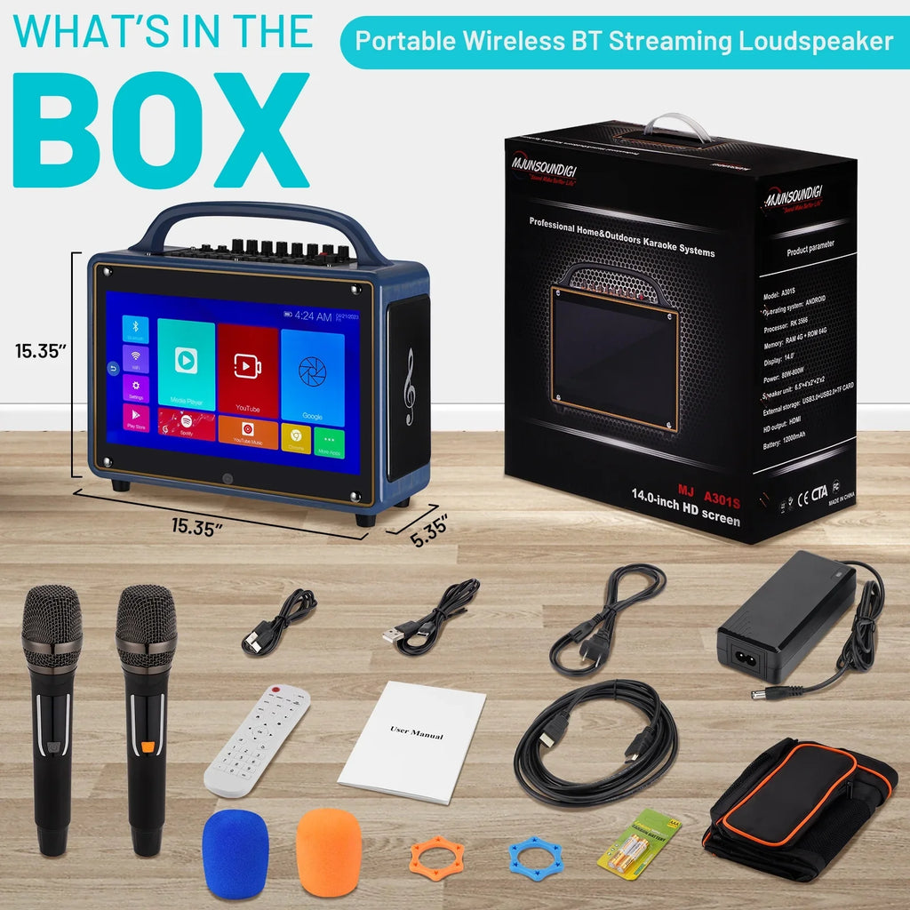 Portable Karaoke Machine Systems Wireless BT Streaming Loudspeaker for Adults&Kid,14”HD Touch Screen/Android 12/4+64G,Support Microphone/WiFi/USB/SD/PC/TV/Phones/HDMI